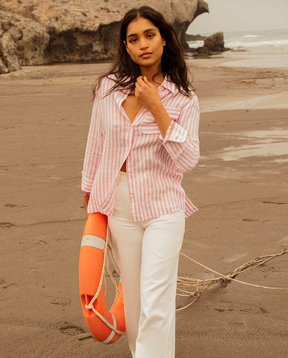 Camisa Lino Rayas Blanco Rosa