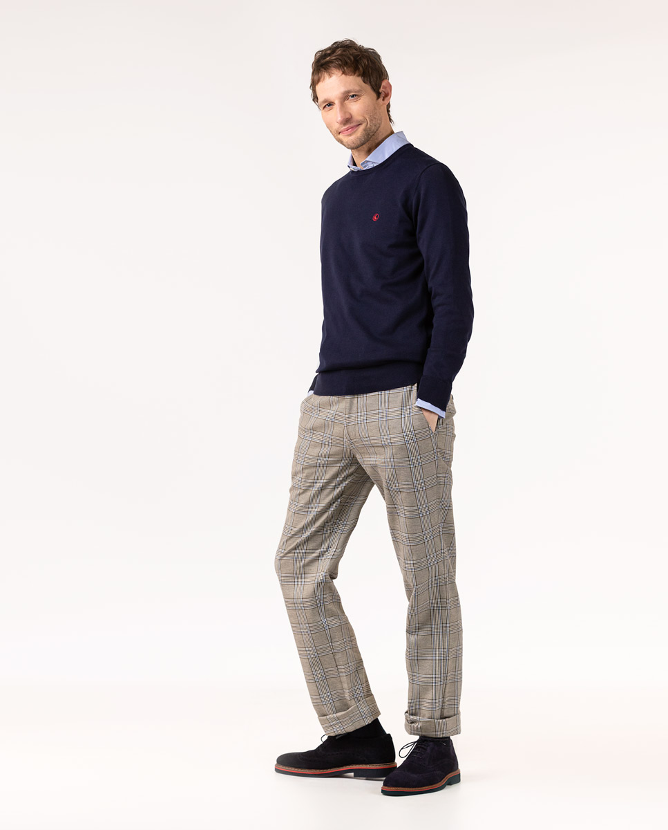 Brown Prince of Whales Check Trousers W Blue Outline