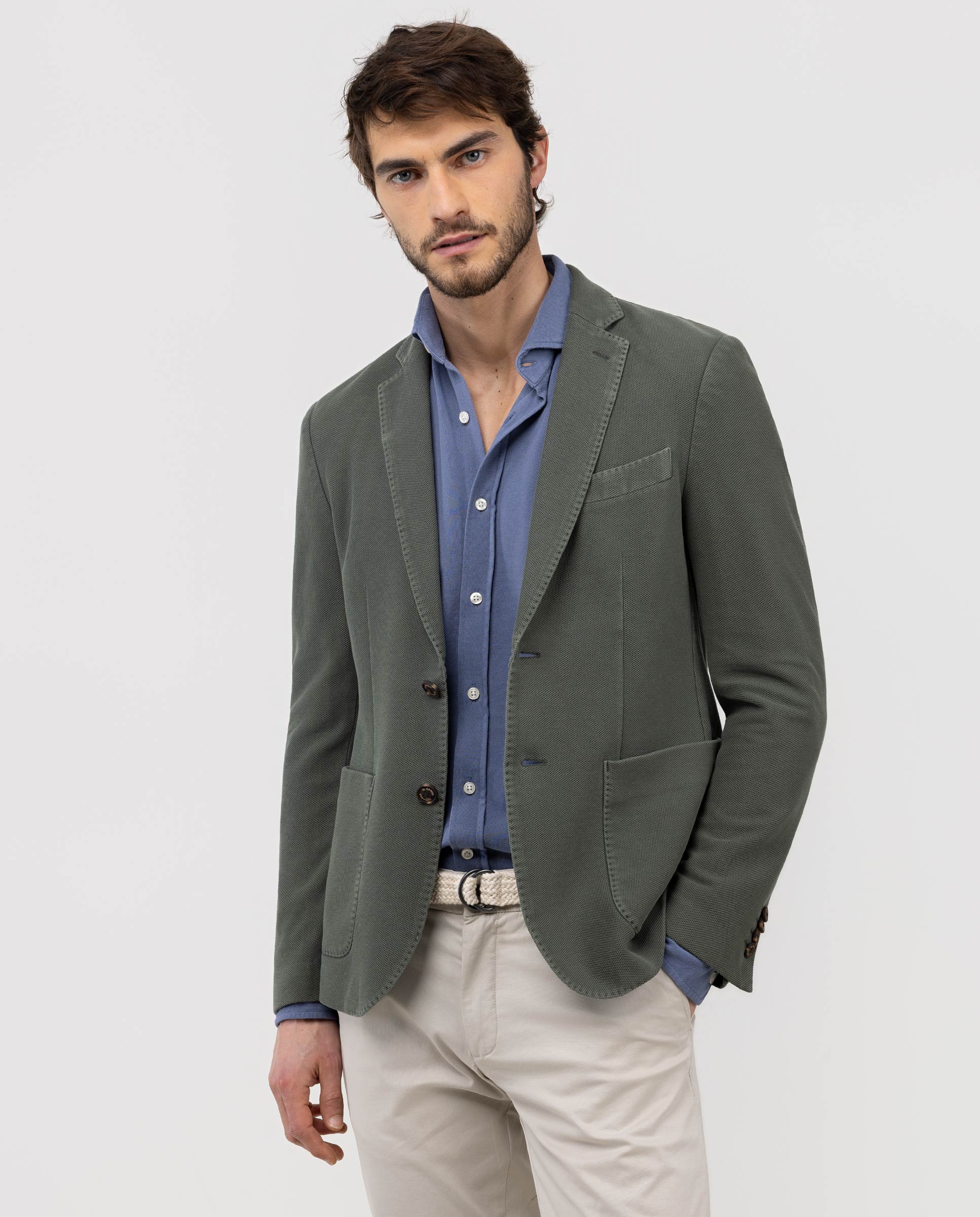 Piqué Knit Garment-Dyed Green Blazer