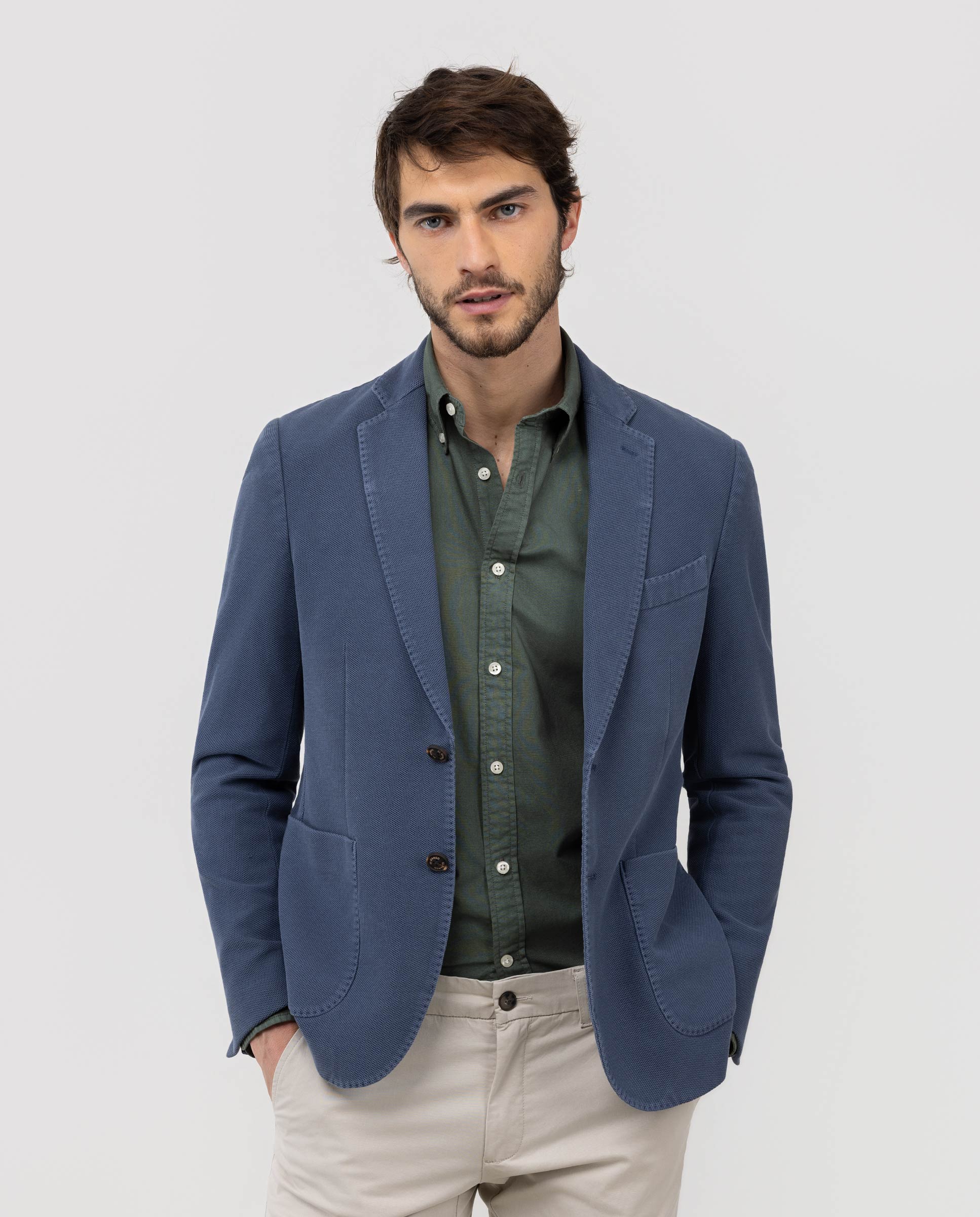 Piqué Knit Garment-Dyed Blue Blazer