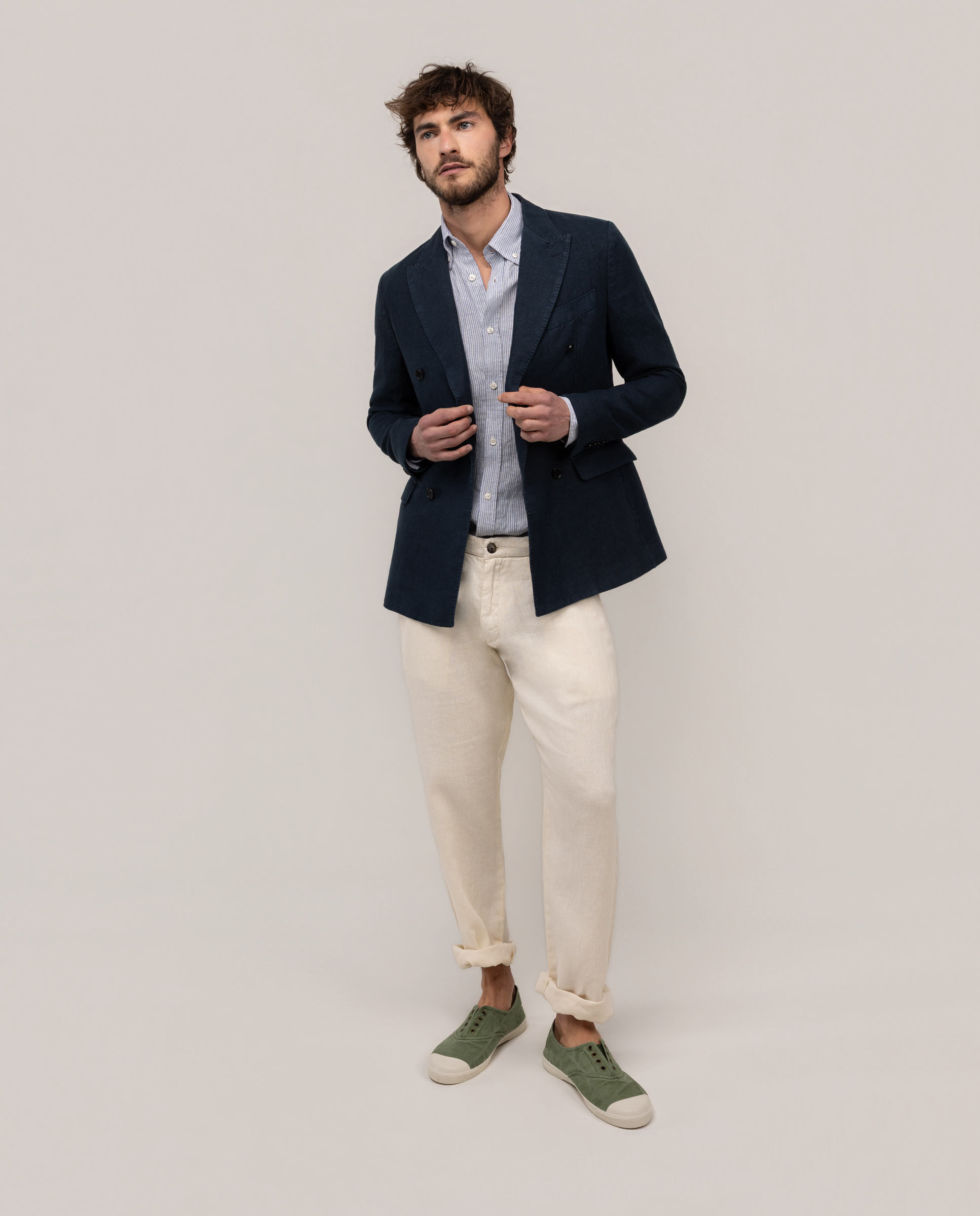 Navy Linen Double Breasted Blazer