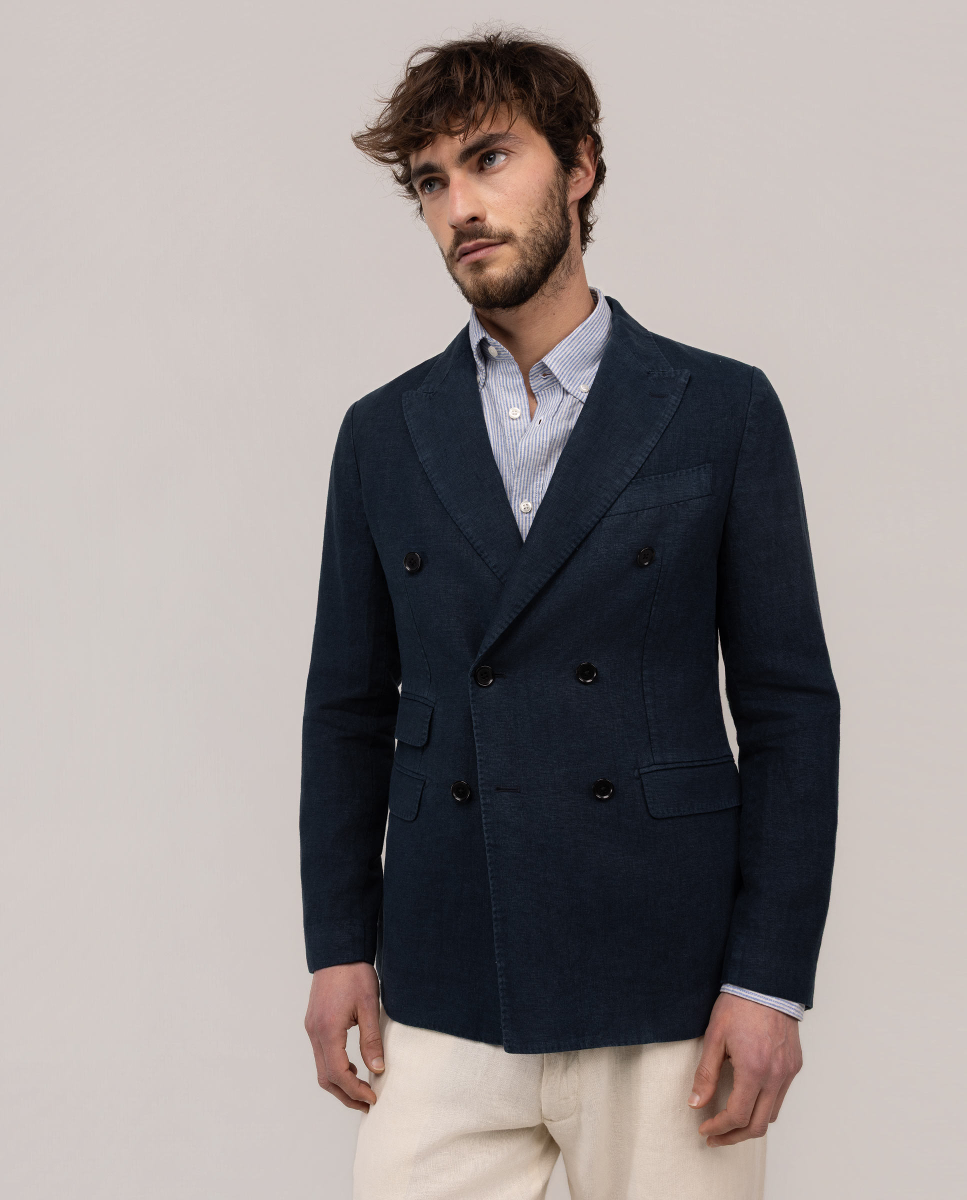 Navy Linen Double Breasted Blazer