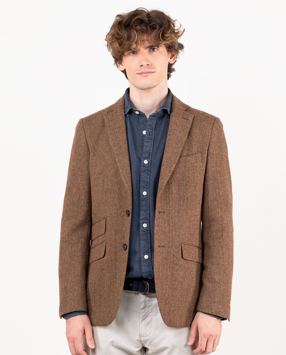 Beige Herringbone Wool Blazer