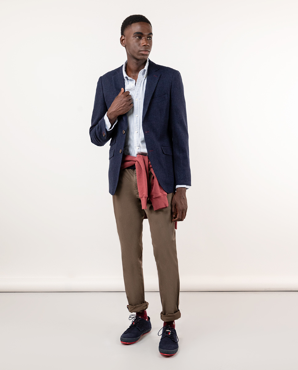 Navy Herringbone Wool Blazer