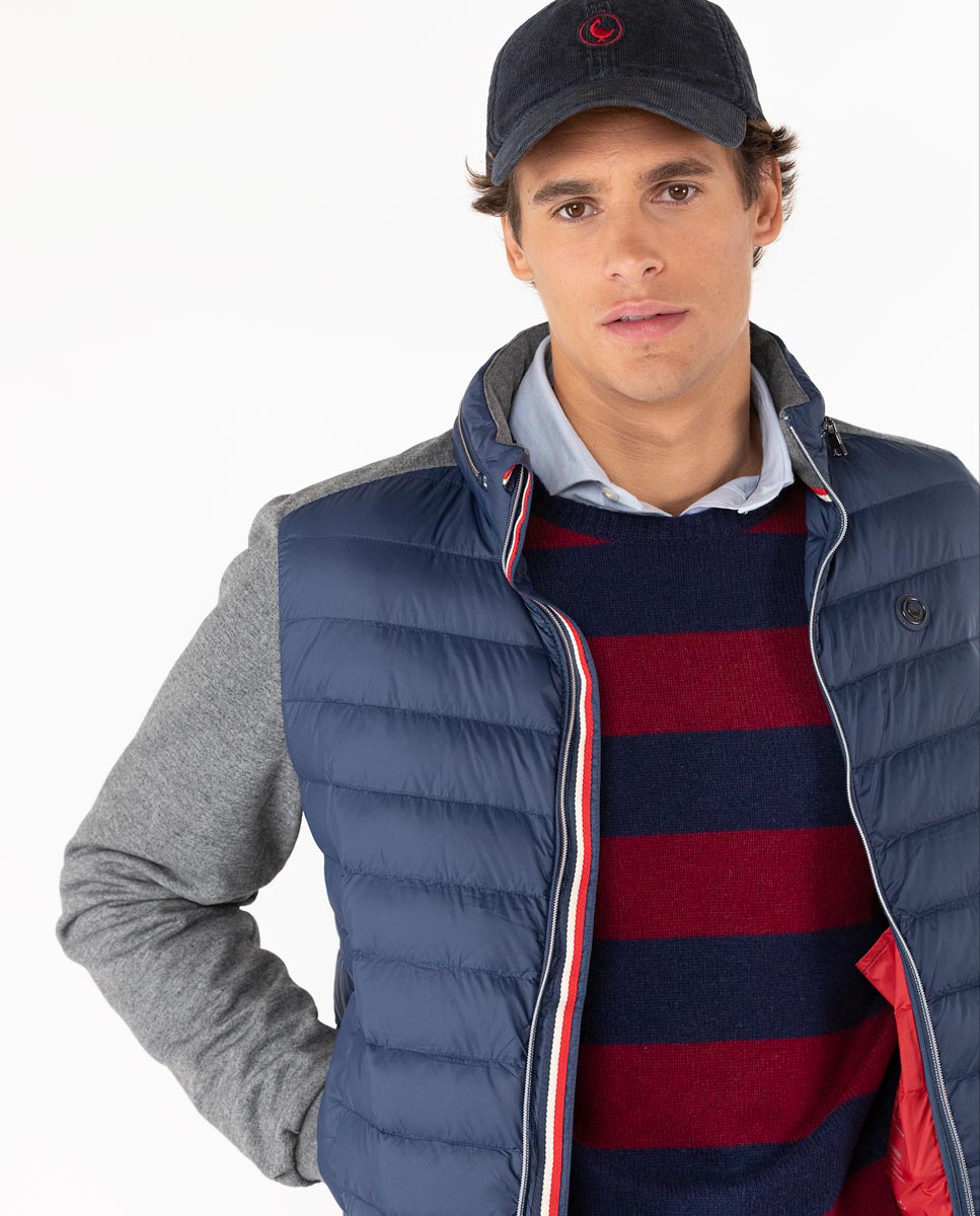 Navy Puffer Jacket with Knitted Sleeves