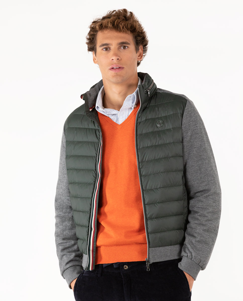 Khaki Green Puffer Jacket with Knitted Sleeves