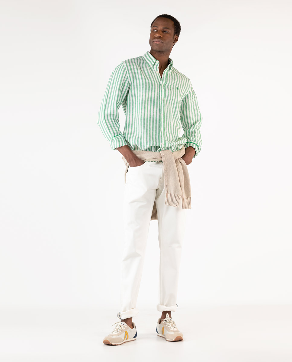 Camisa Lino Rayas Blanca y Verde