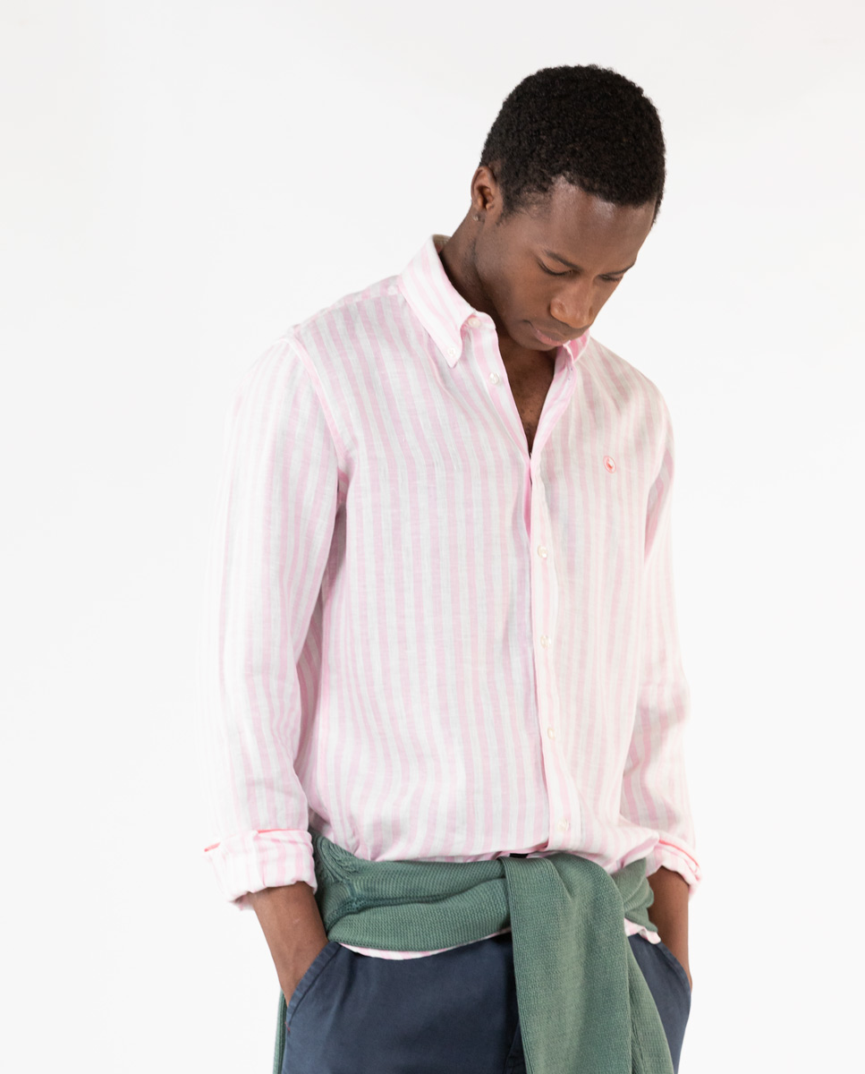 White and Pink Striped Linen Shirt