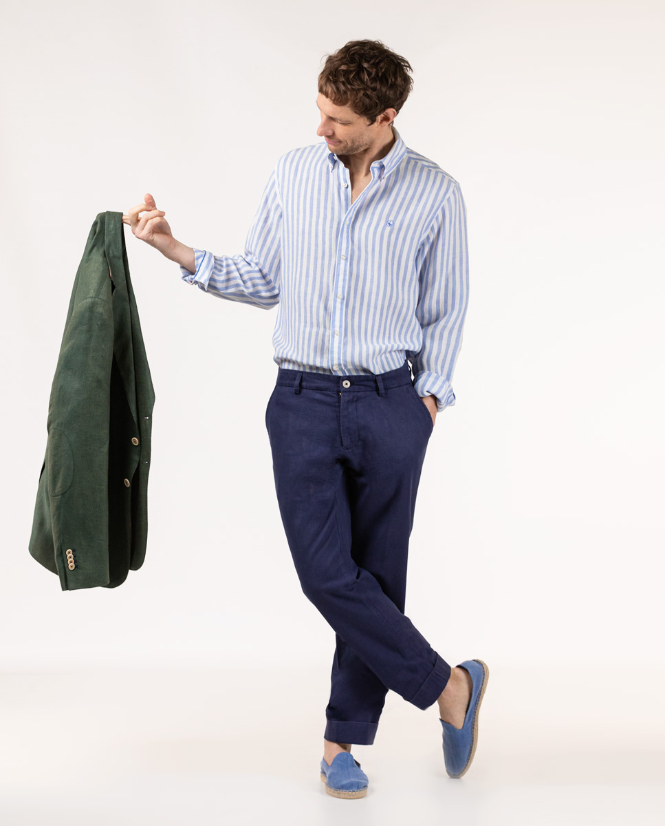 White and Sky Blue Striped Linen Shirt