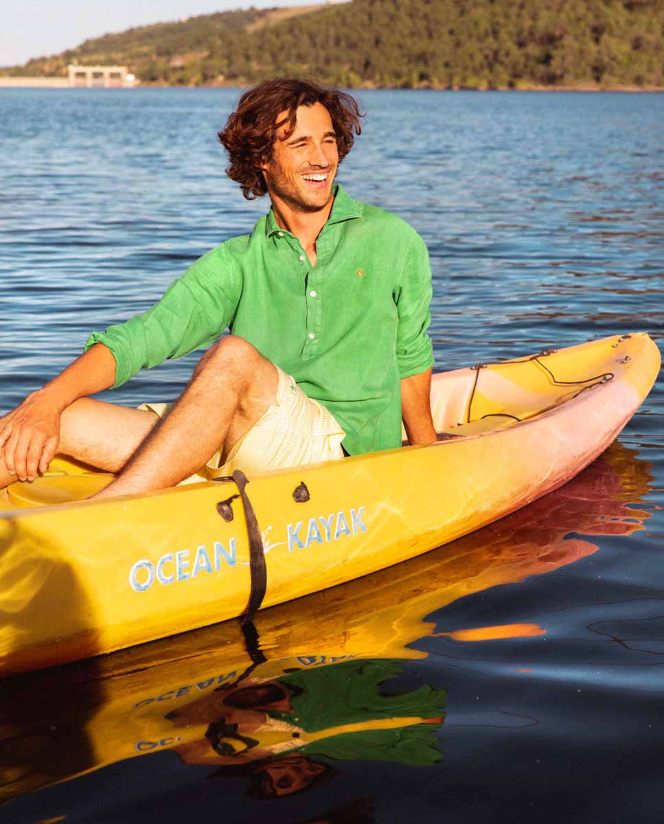 Plain Green Linen Popover Shirt