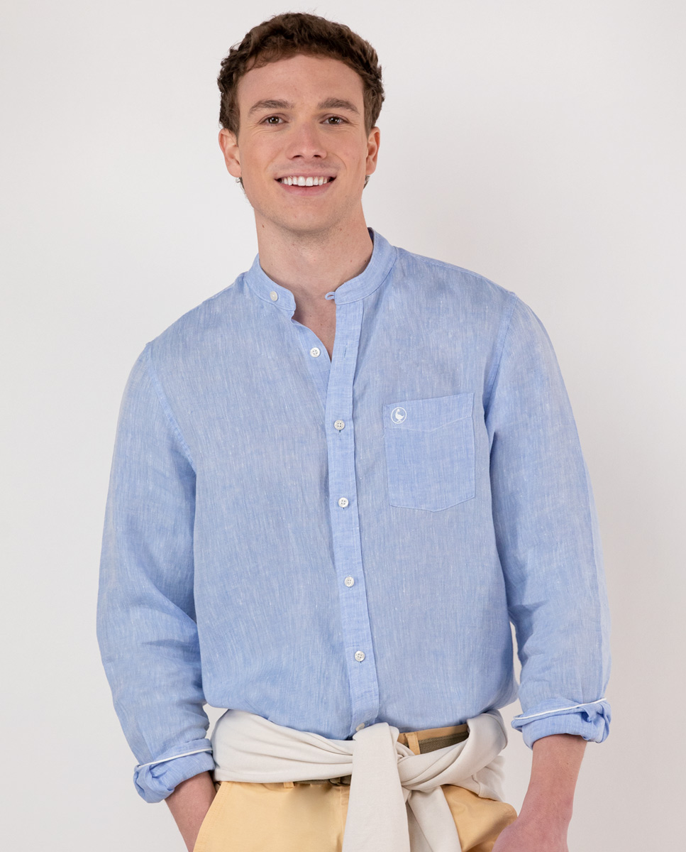 Plain Blue Shirt W Mandarin Collar