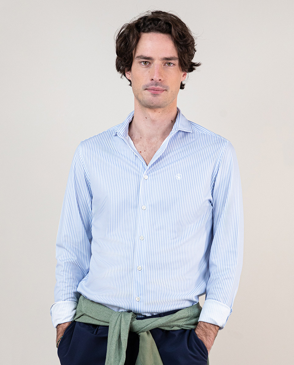 Sepiia Shirt W Butcher Stripes Over Light Blue