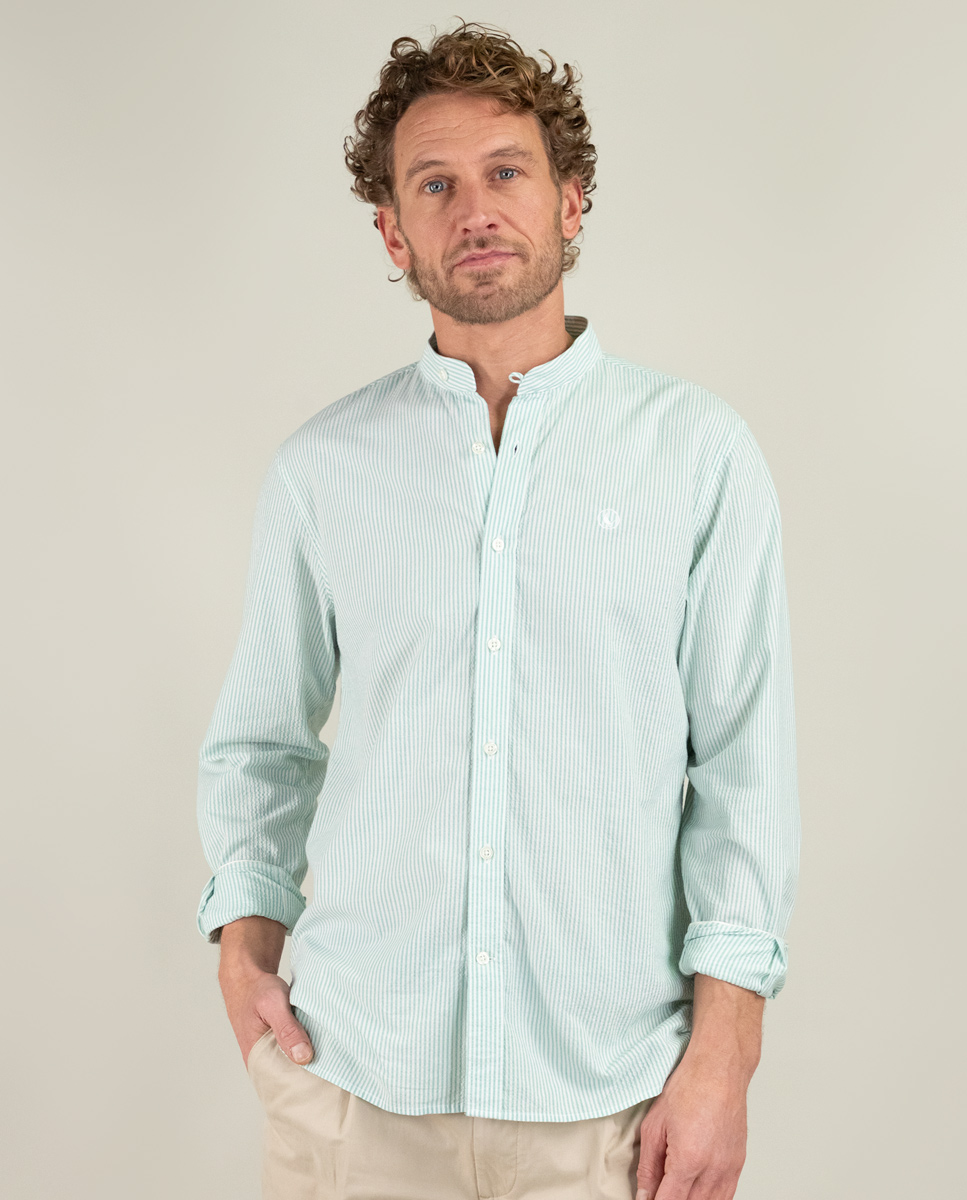 Camisa Seersucker Raya Verde Cuello Mao
