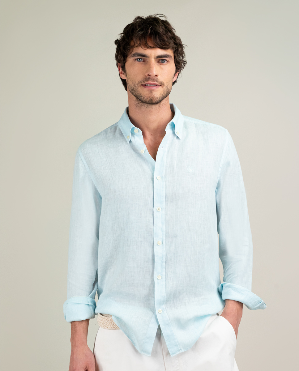 Camisa Lino Garment Dyed Aguamarina