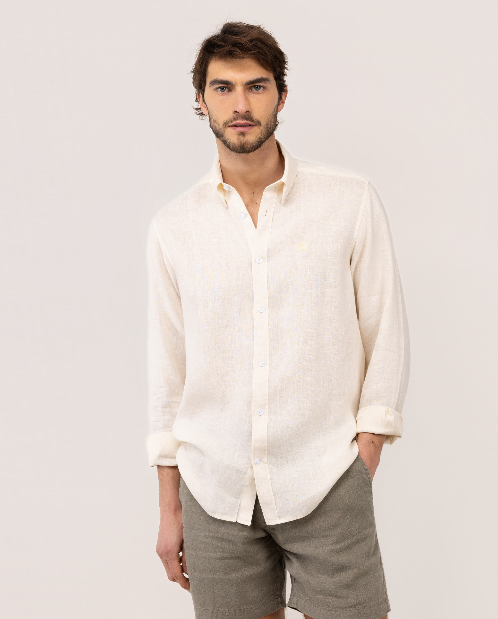 Garment Dyed Button Down Beige Linen Shirt