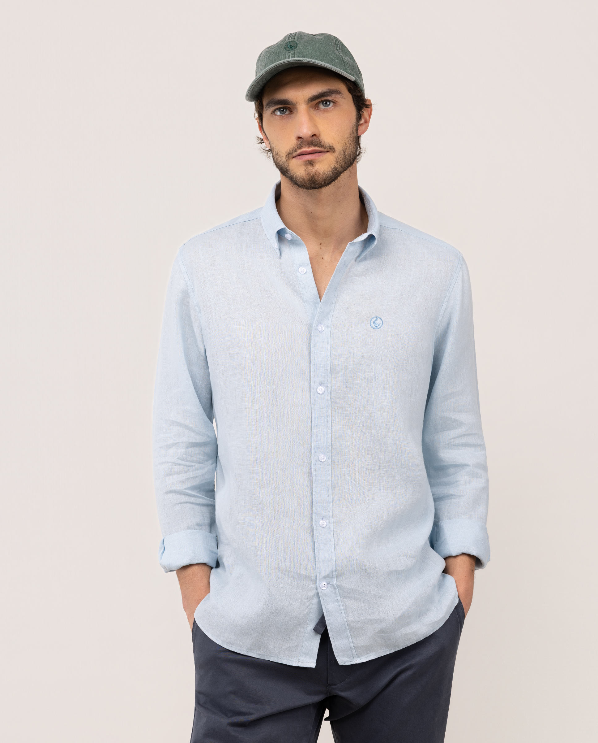 Garment Dyed Button Down Linen Shirt Light Blue