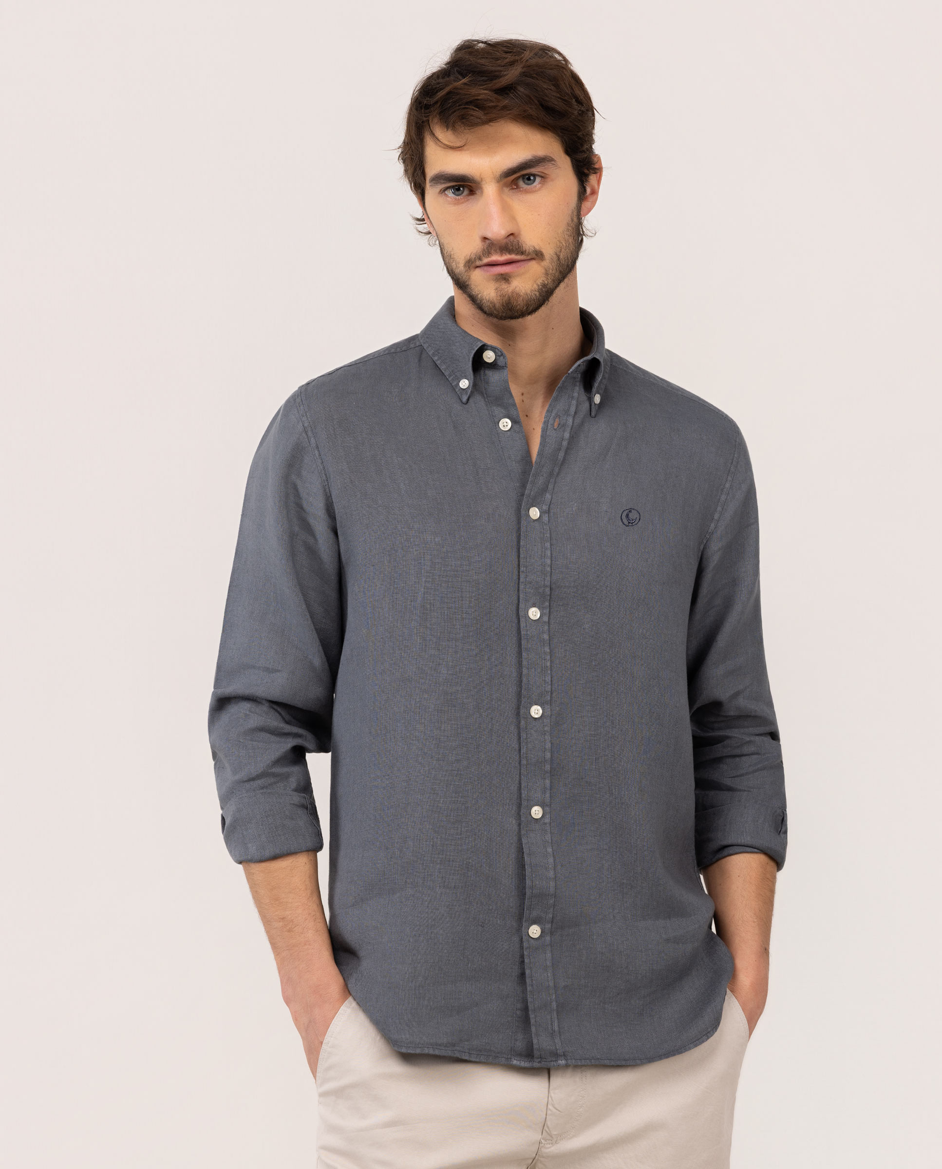 Garment Dyed Button Down Linen Shirt Gray