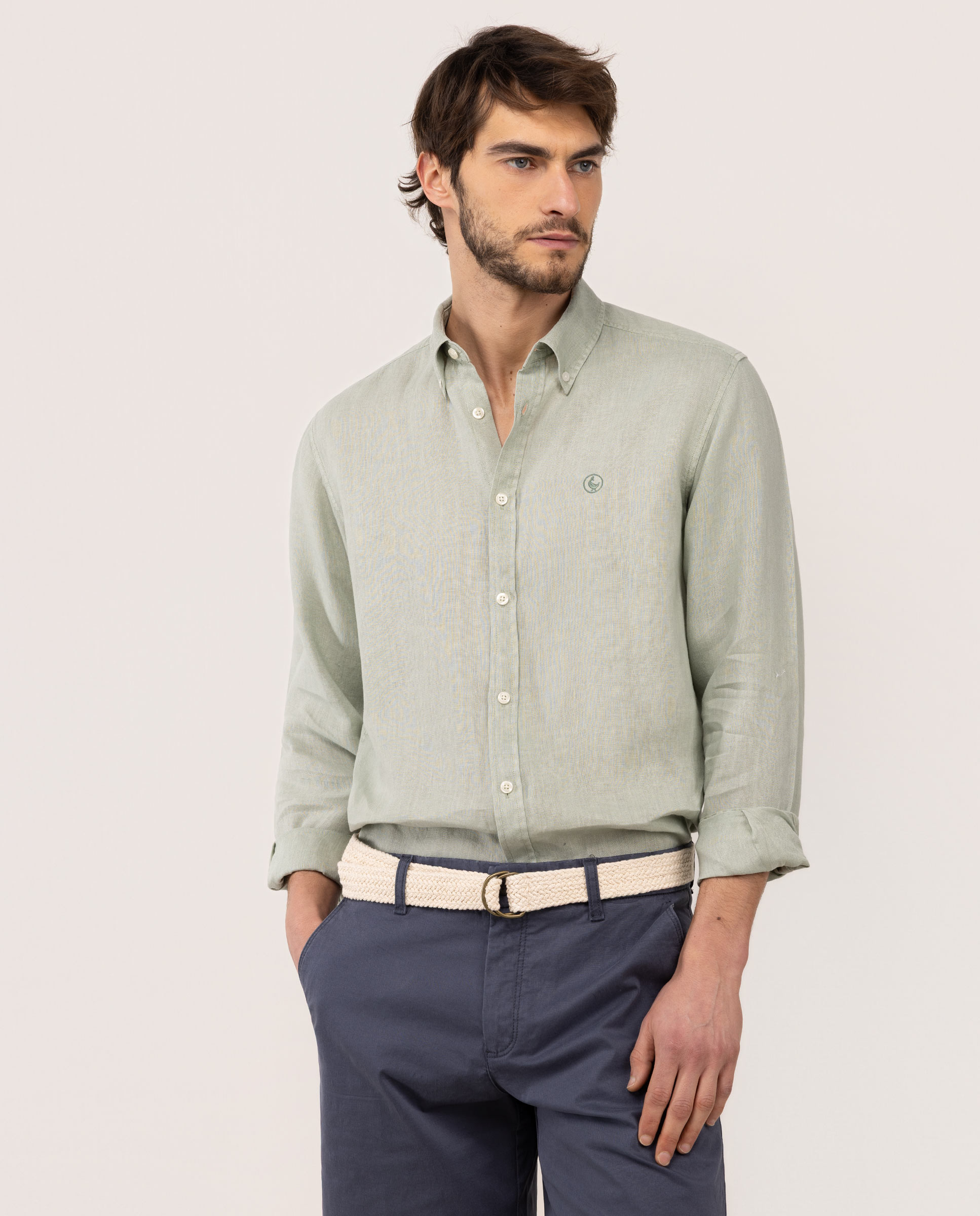 Green Garment Dyed Button Down Linen Shirt