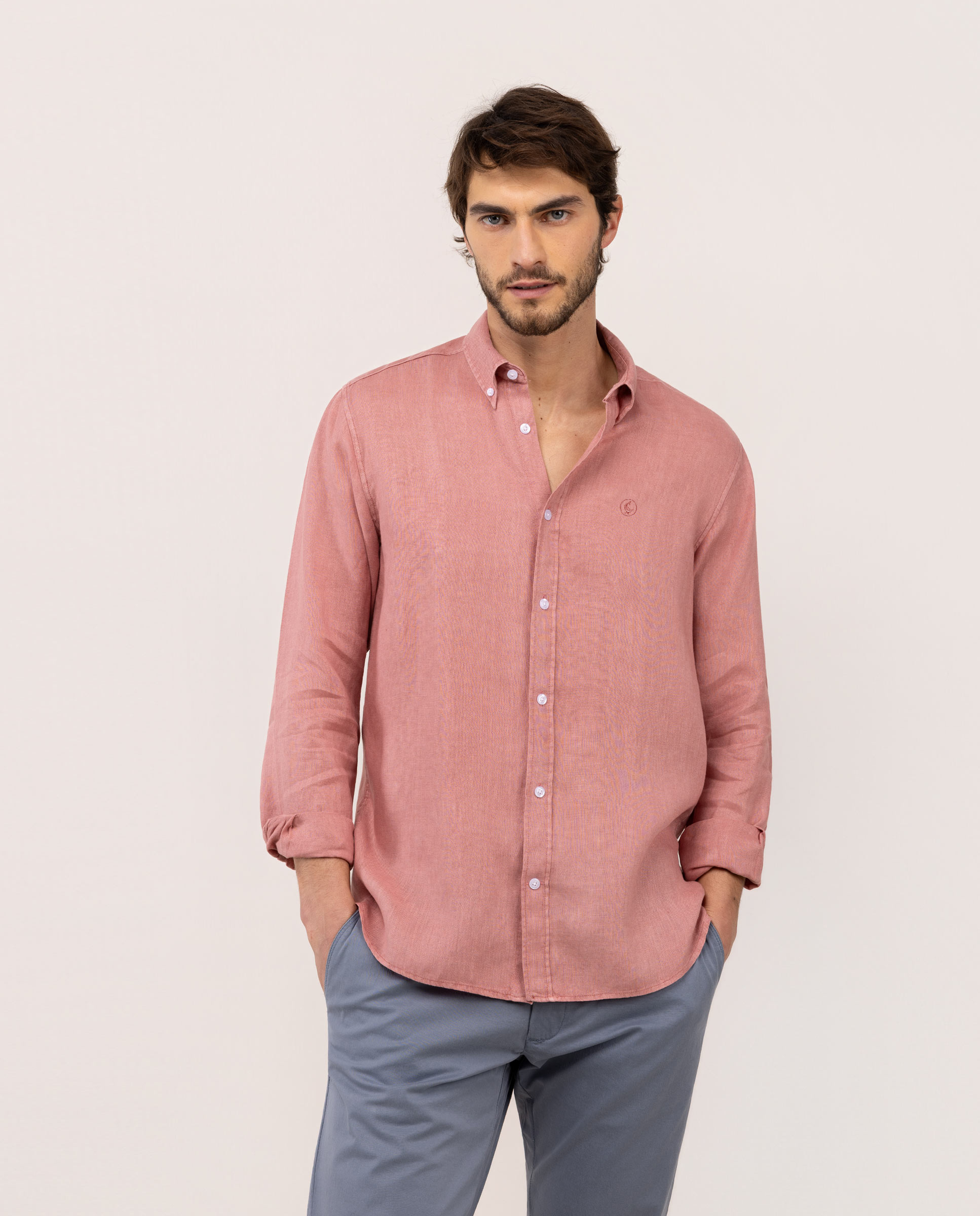 Garment Dyed Button Down Linen Shirt Red