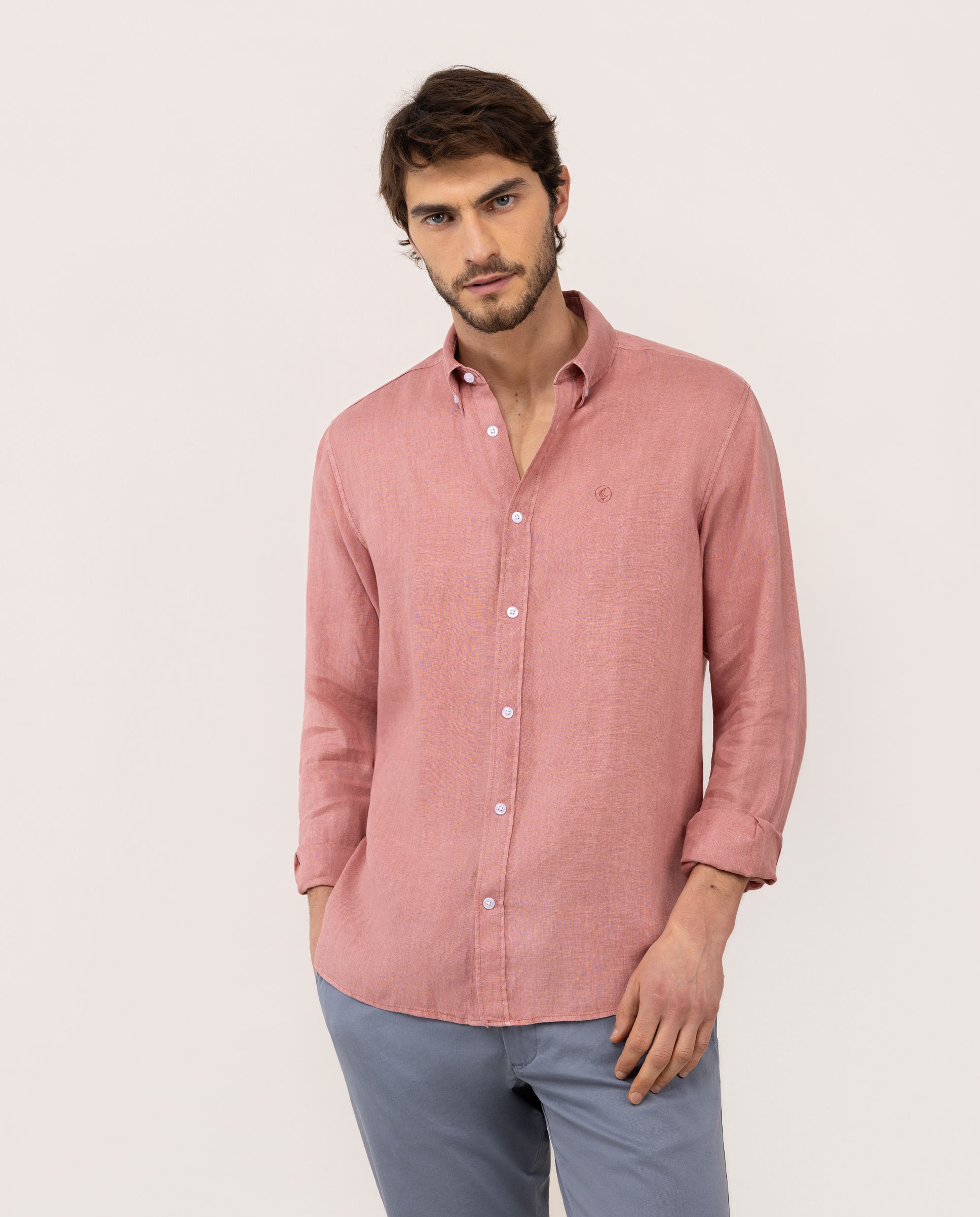 Garment Dyed Button Down Linen Shirt Red