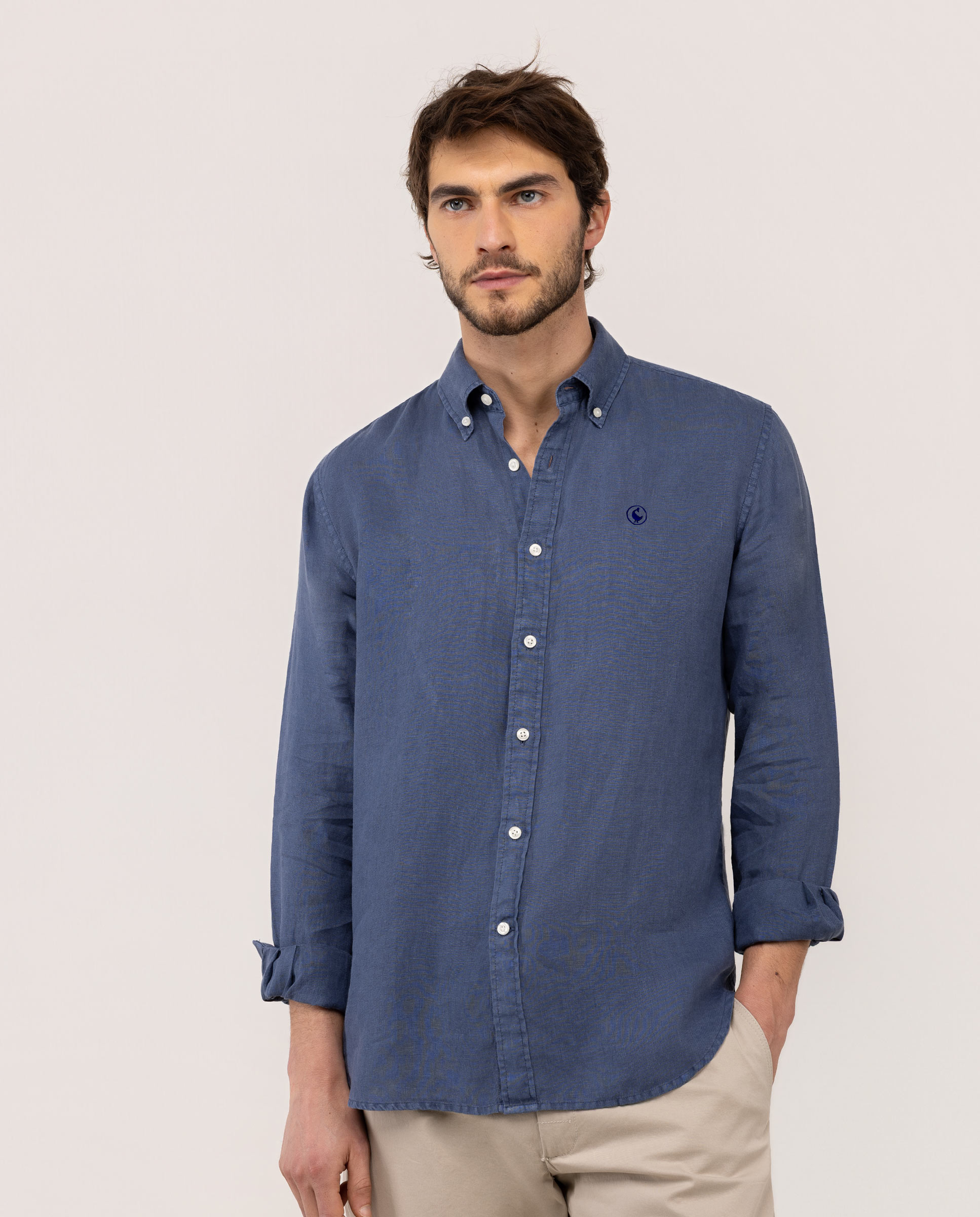 Garment Dyed Button Down Linen Shirt Navy