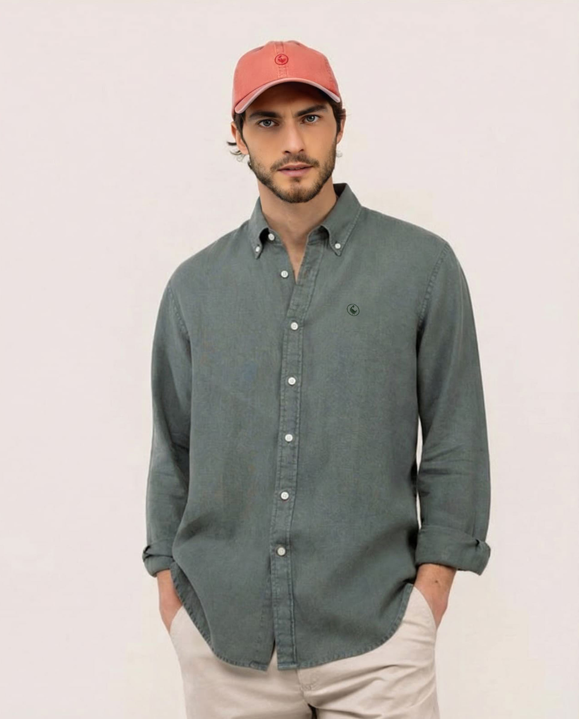 Dark Green Linen Shirt Garment Dyed Button Down