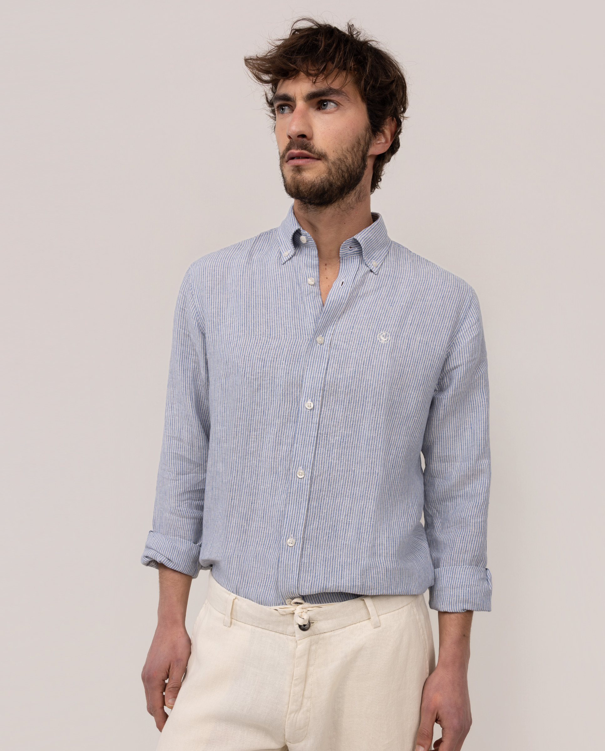 Yale Linen Shirt, Button Down, Beige, Medium Blue