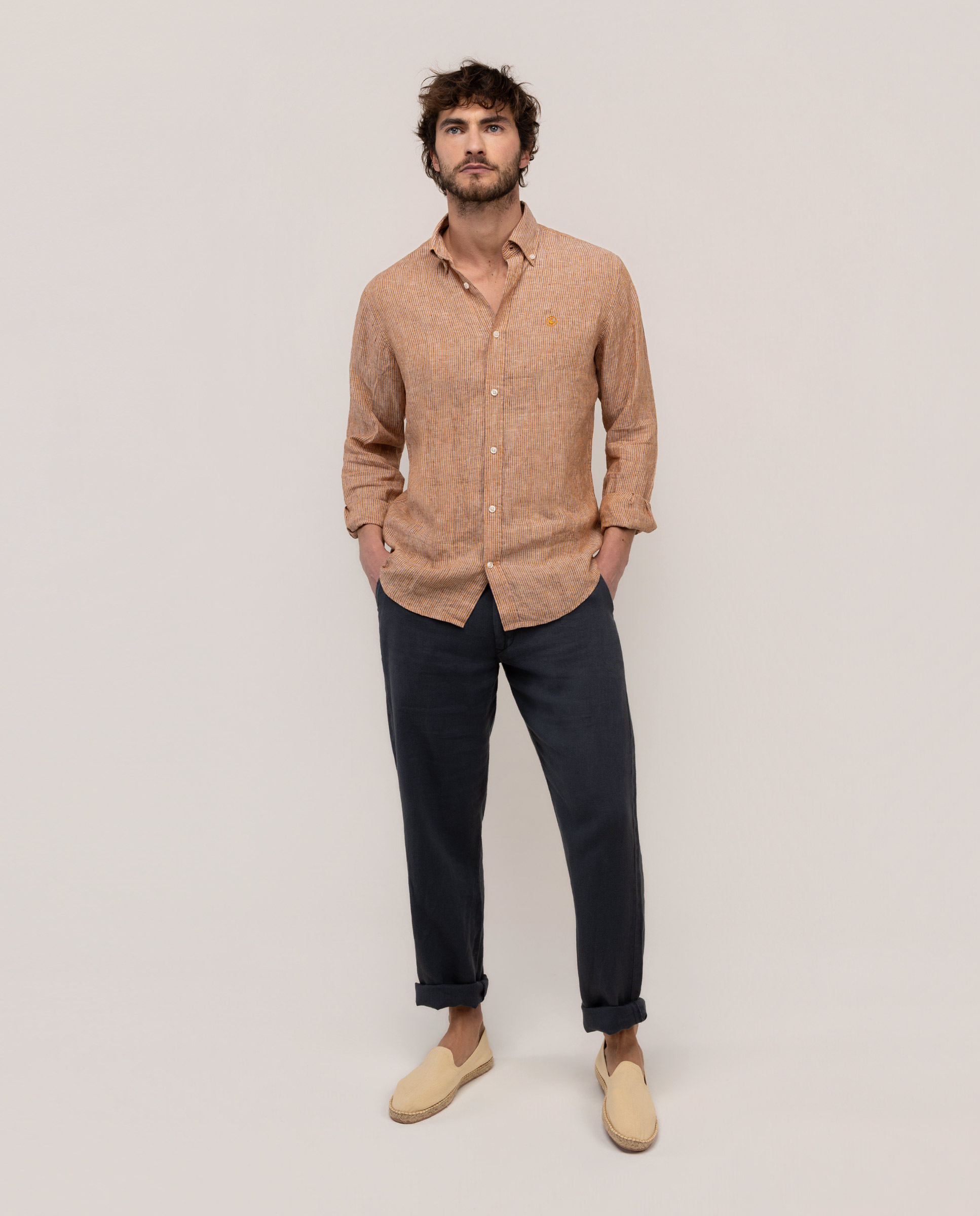 Yale Button Down Linen Shirt Burgundy Orange