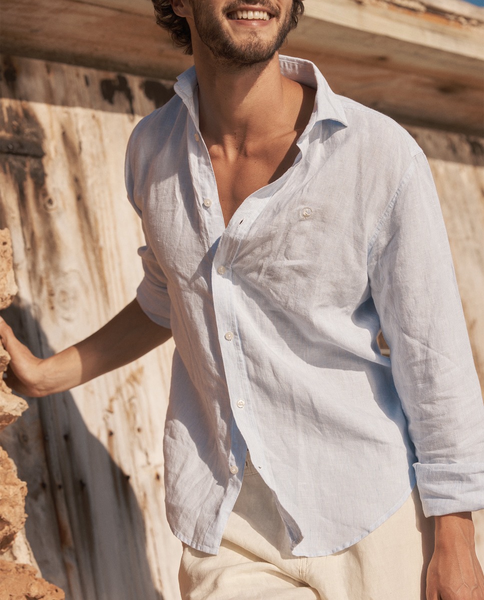 Yale Button Down Linen Shirt Light Blue Raw