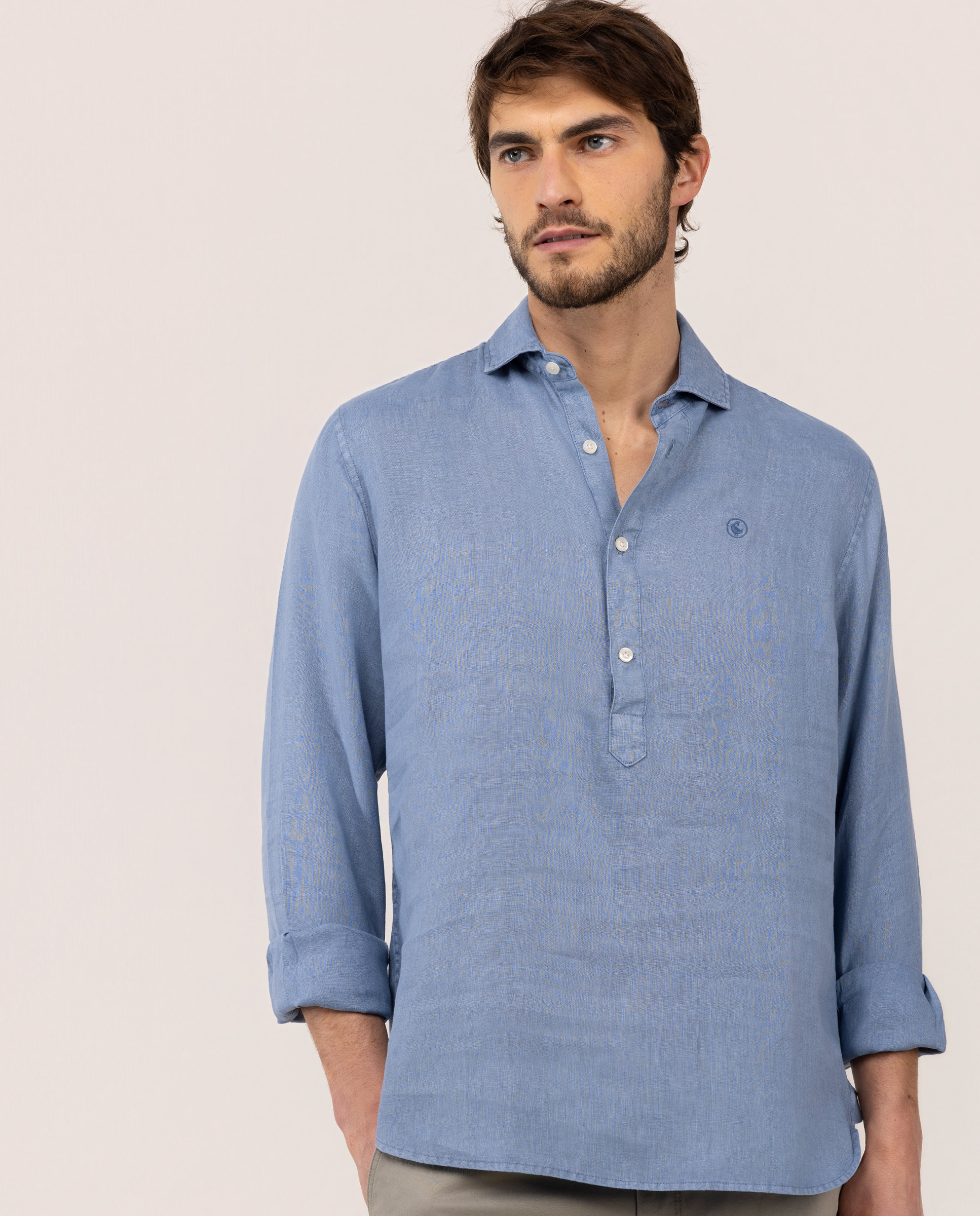 Medium Blue Linen Polo Shirt