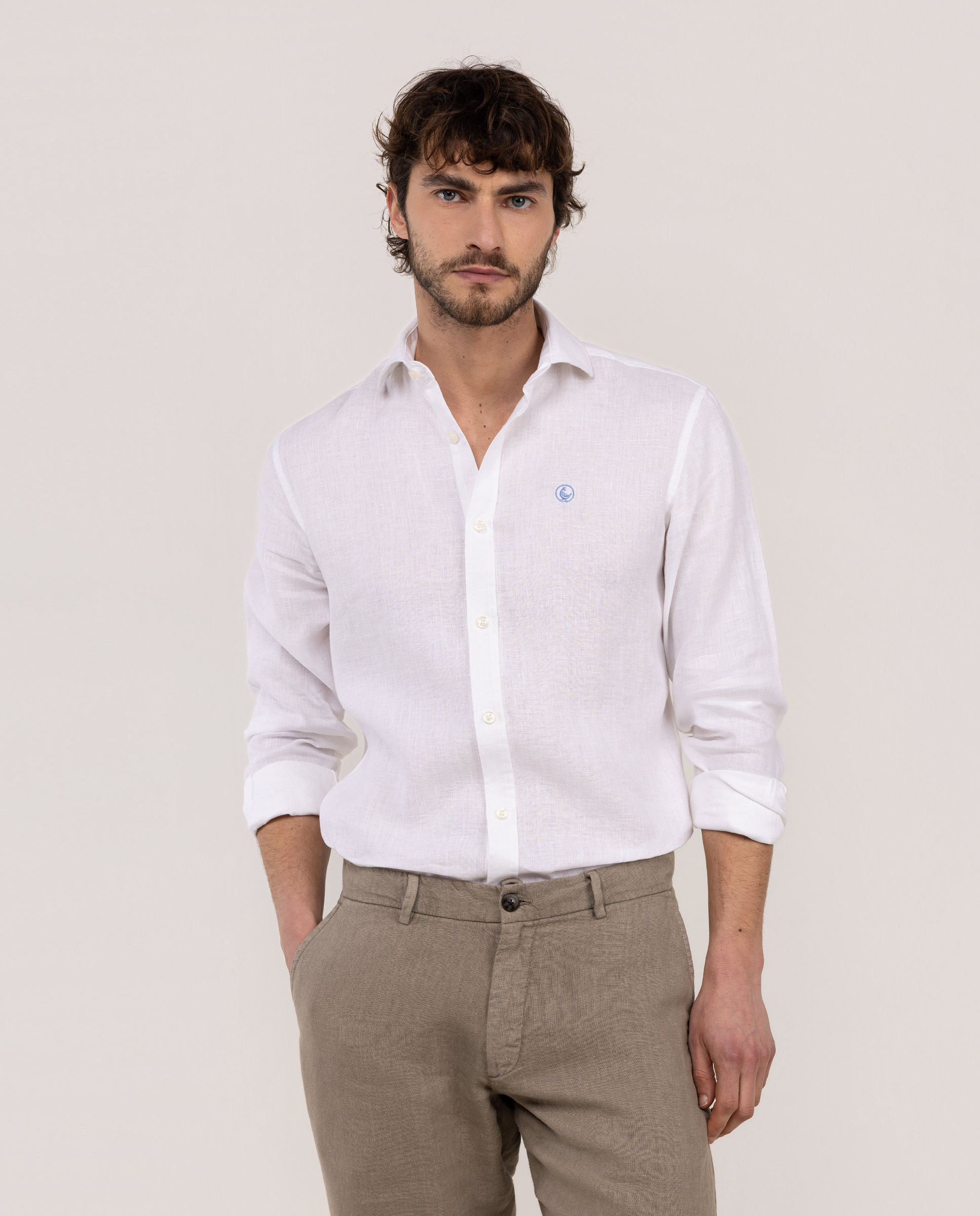 White Linen Chambray Shirt with Italian Collar