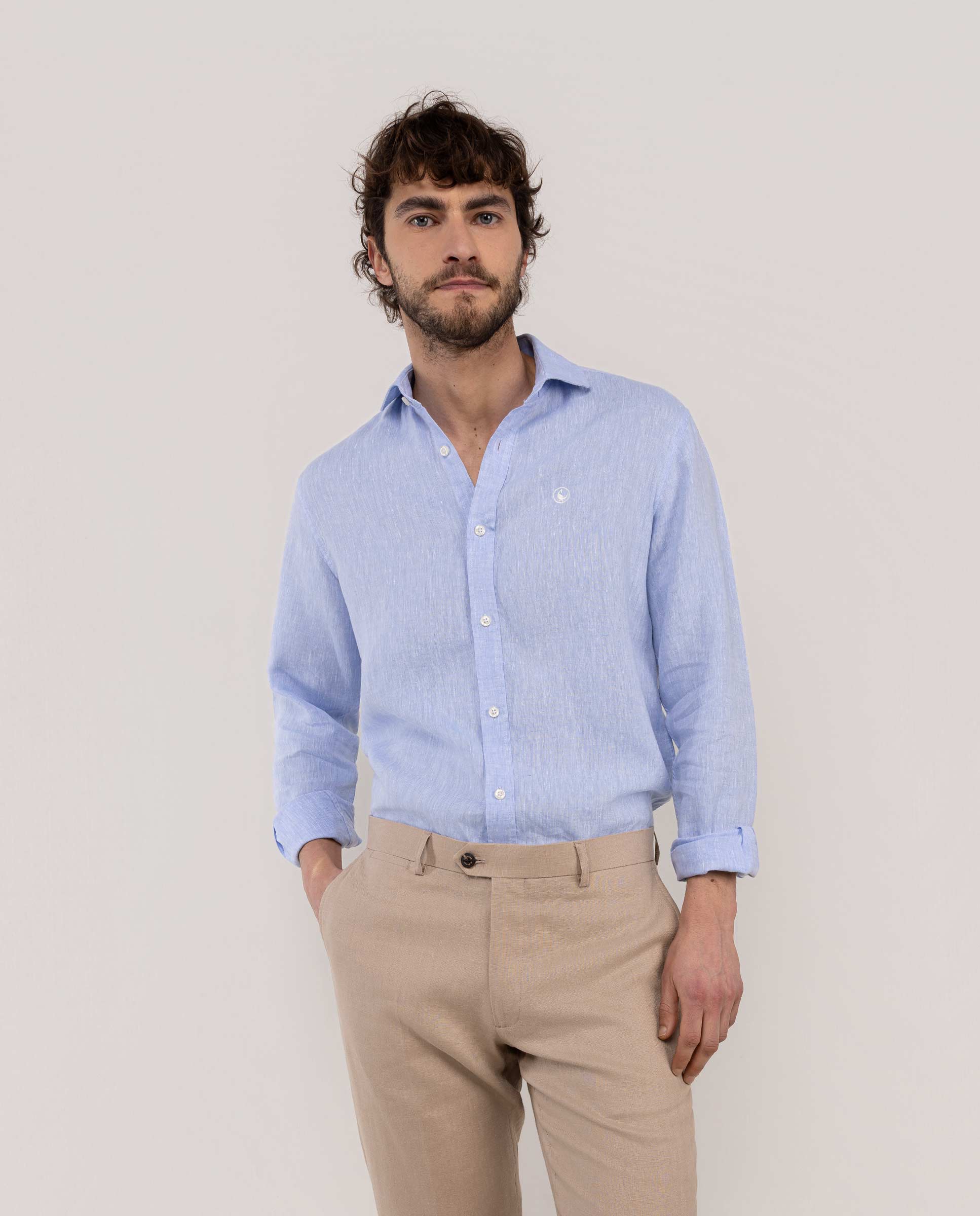 Light Blue Linen Chambray Shirt with Italian Collar