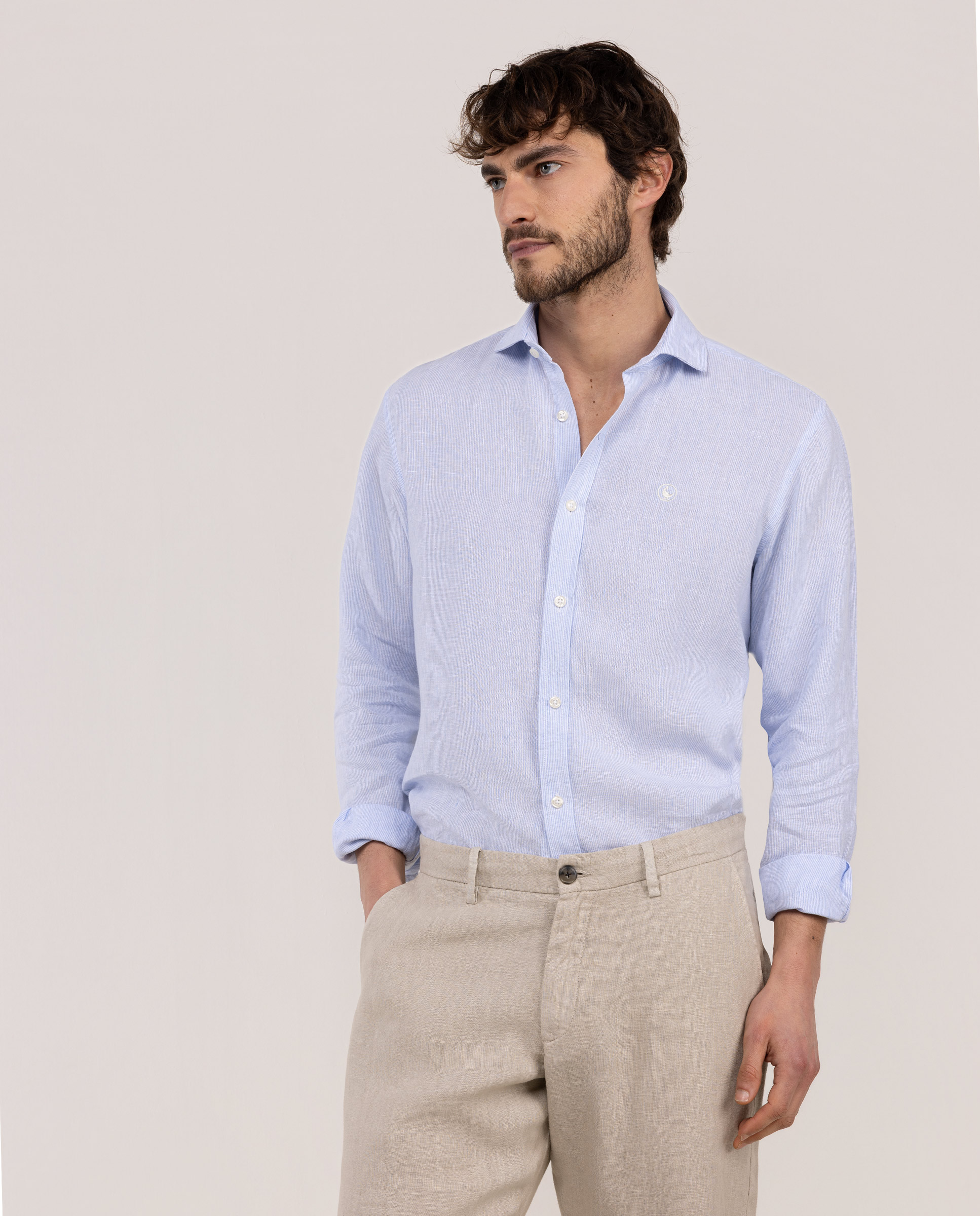 Light Blue Linen Chambray Shirt with Italian Collar