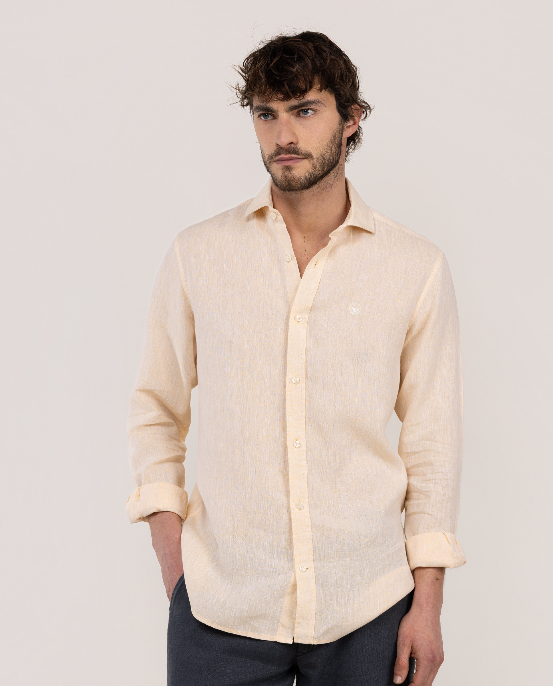 Yellow Linen Chambray Shirt with Italian Collar