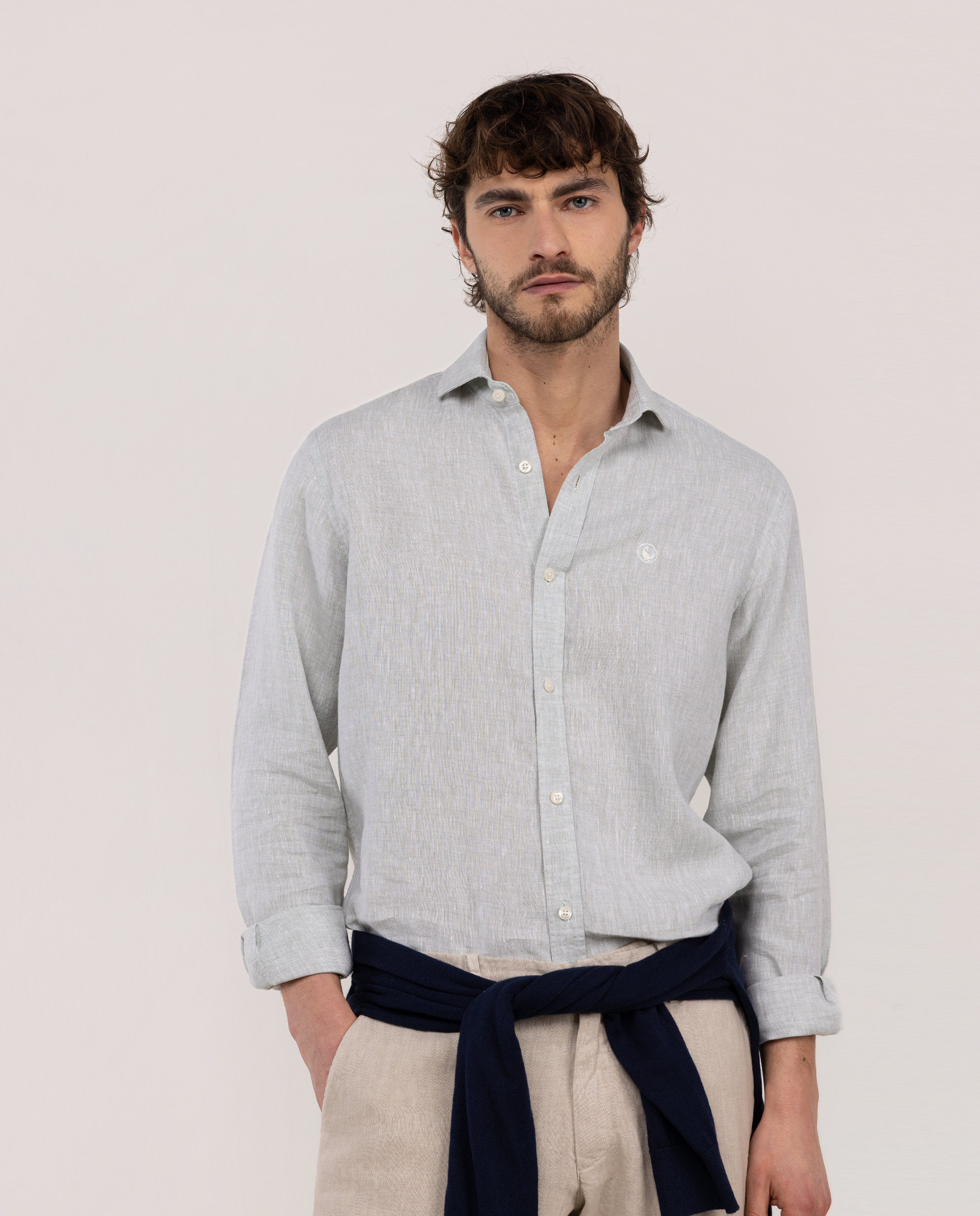 Green Linen Chambray Shirt with Italian Collar