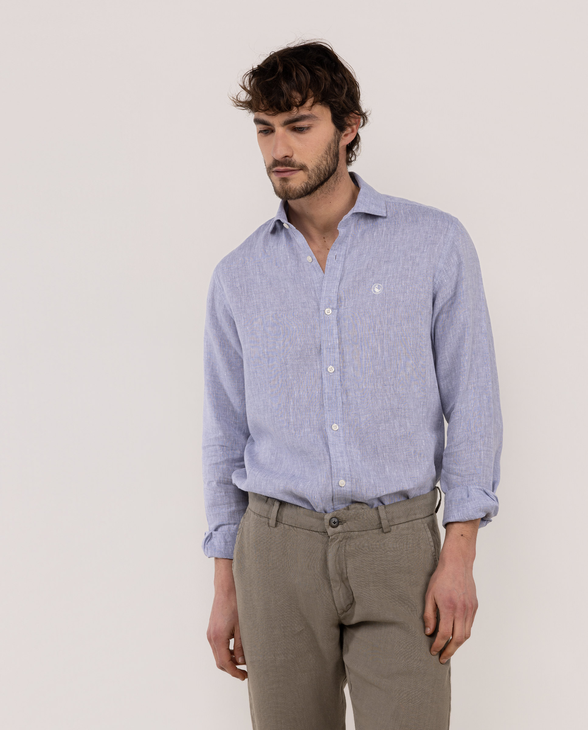 Blue Linen Chambray Shirt with Italian Collar