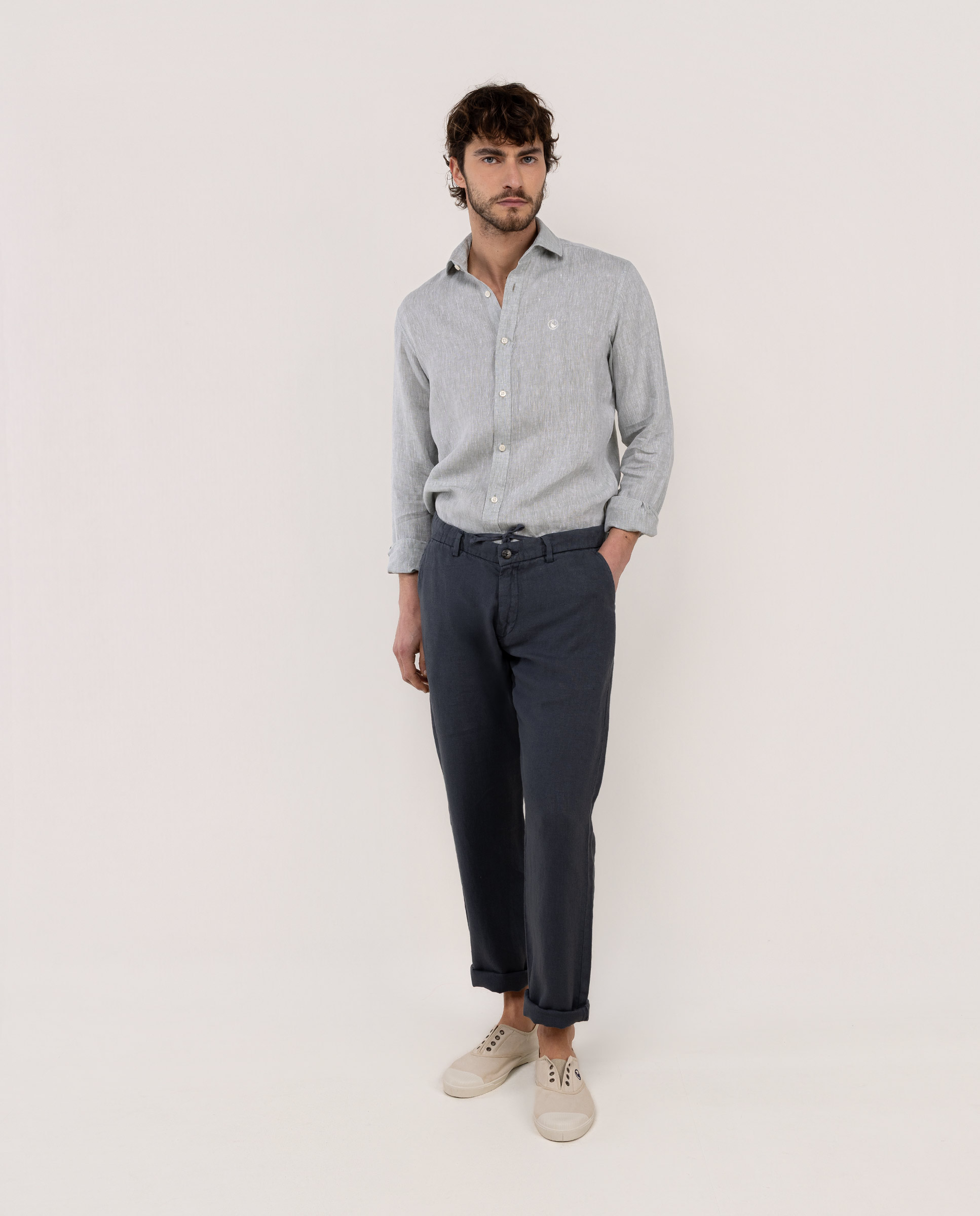 Dark Green Chambray Linen Shirt with Italian Collar