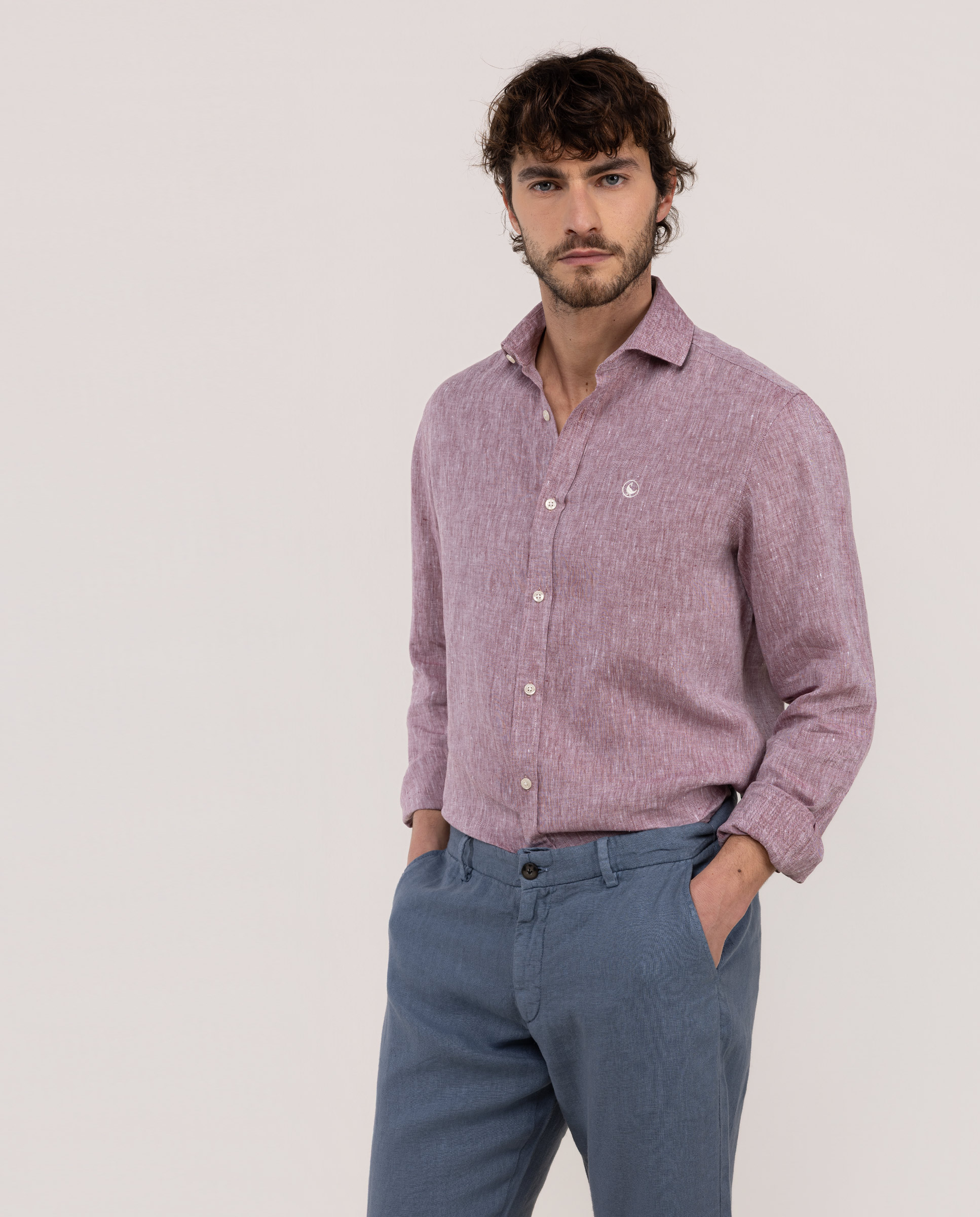 Red Linen Chambray Shirt with Italian Collar