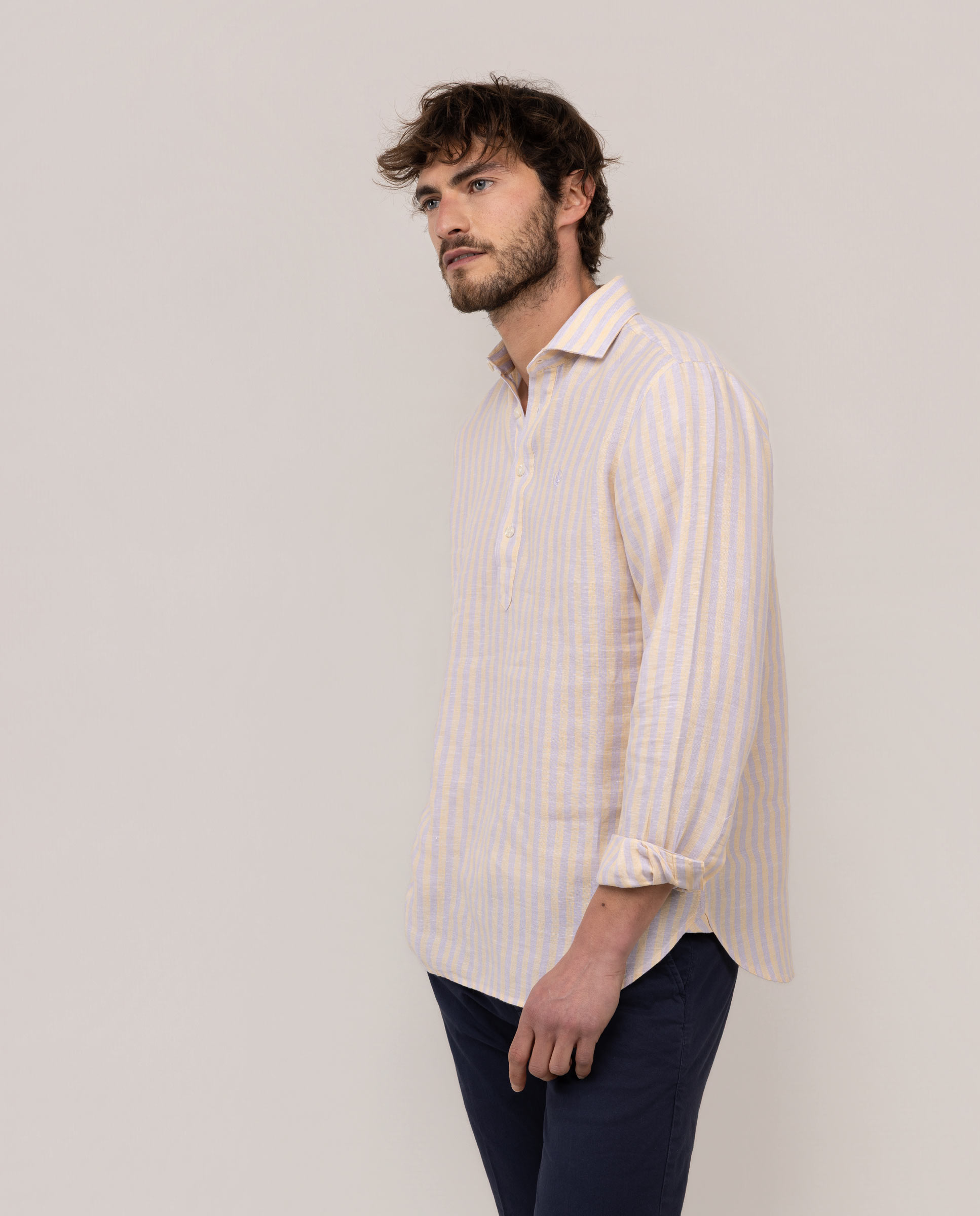 Linen Polo Shirt with Kodak Stripe, Purple and Orange