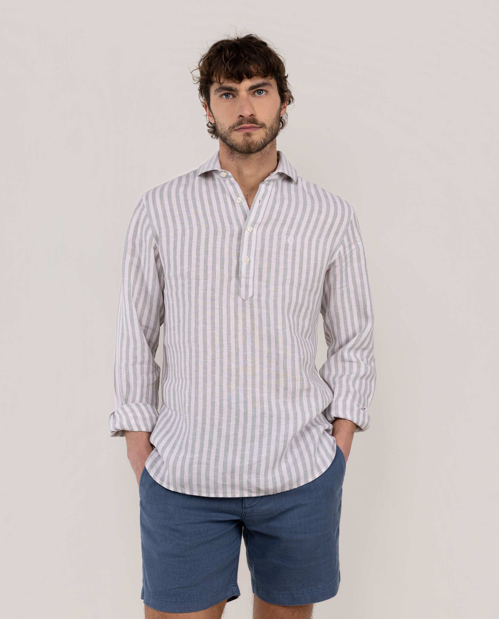 Kodak Green Pink Striped Linen Polo Shirt