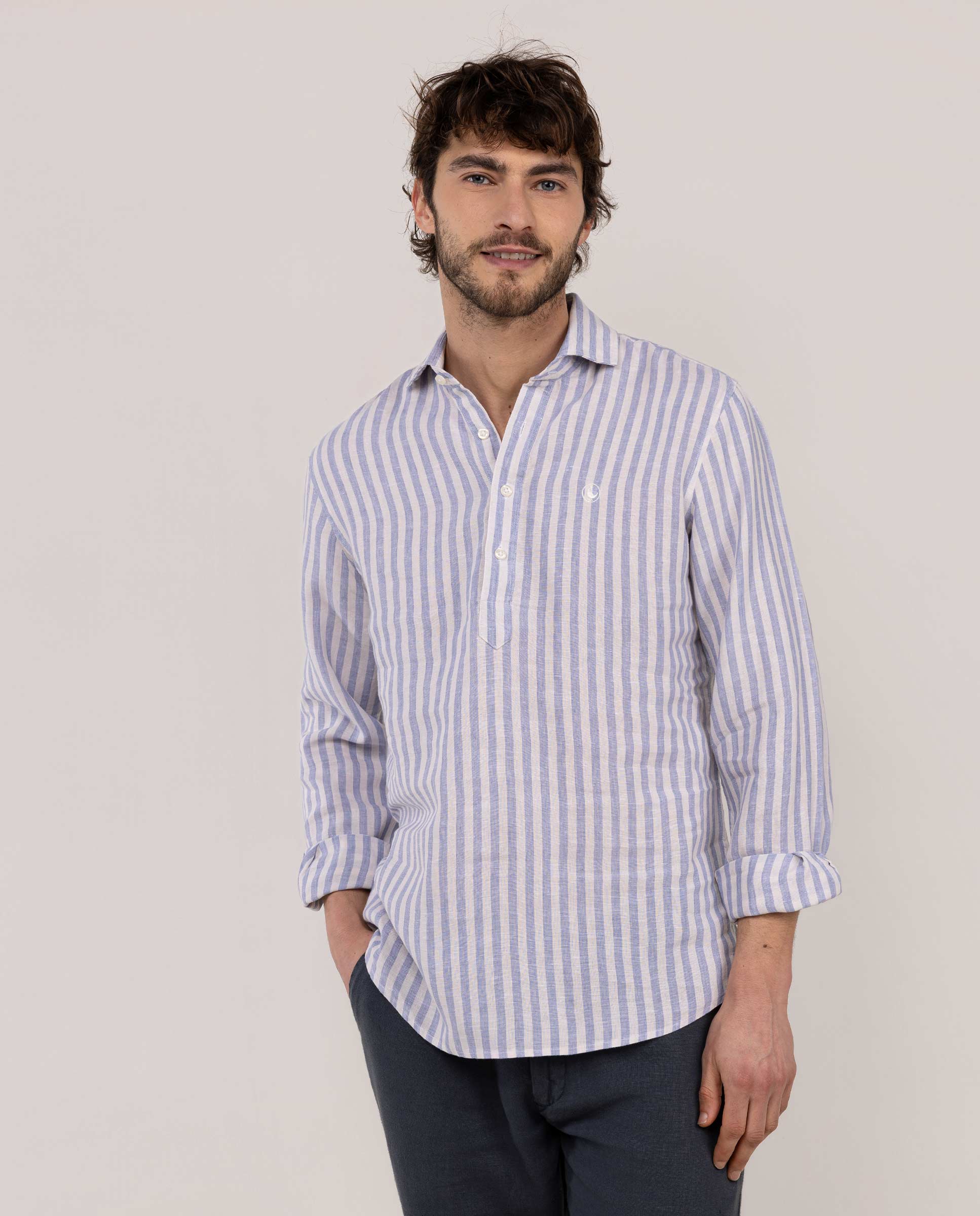 Camisa Polera Lino Raya Kodak Celeste Crudo