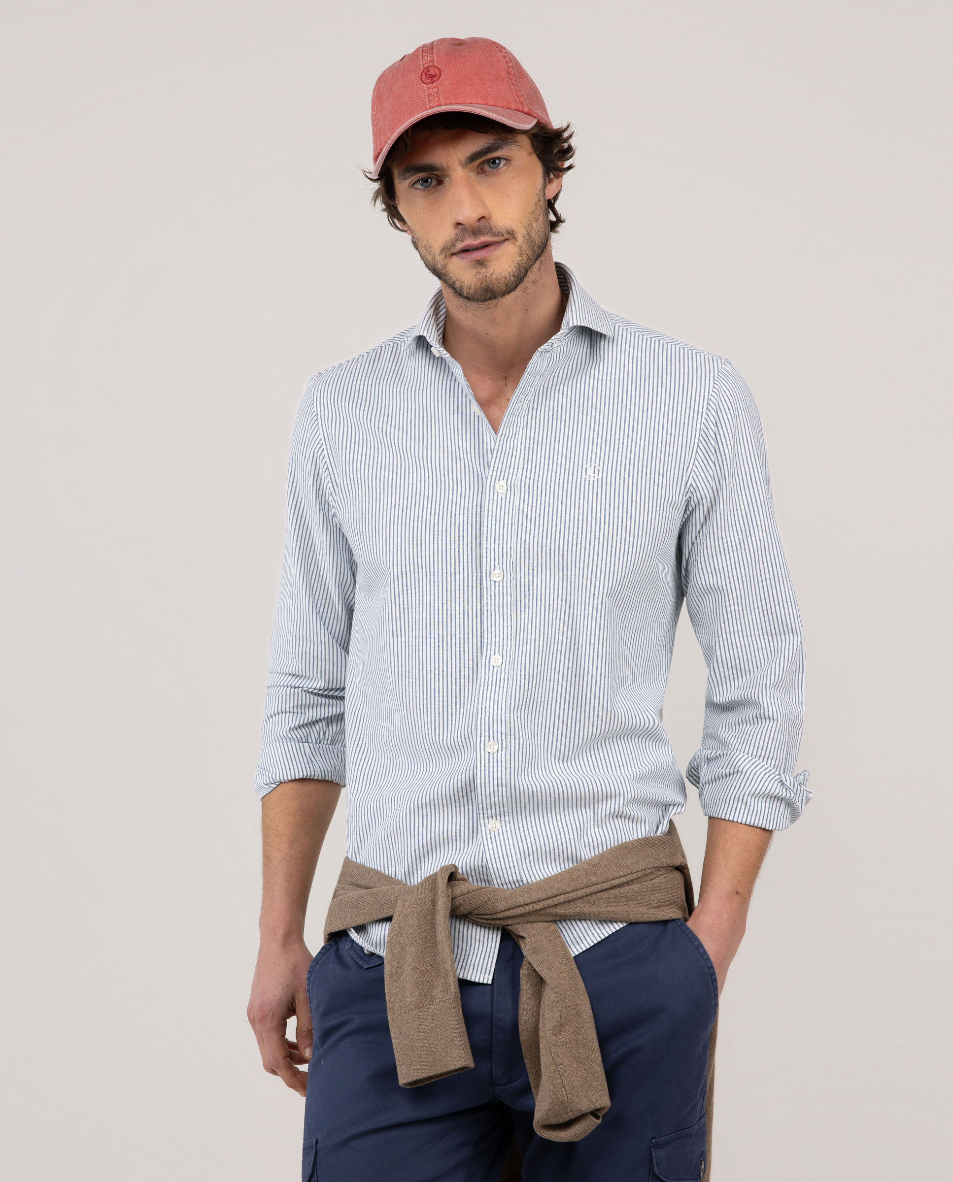 Denim Shirt with Bengal Stripe on a Raw Background