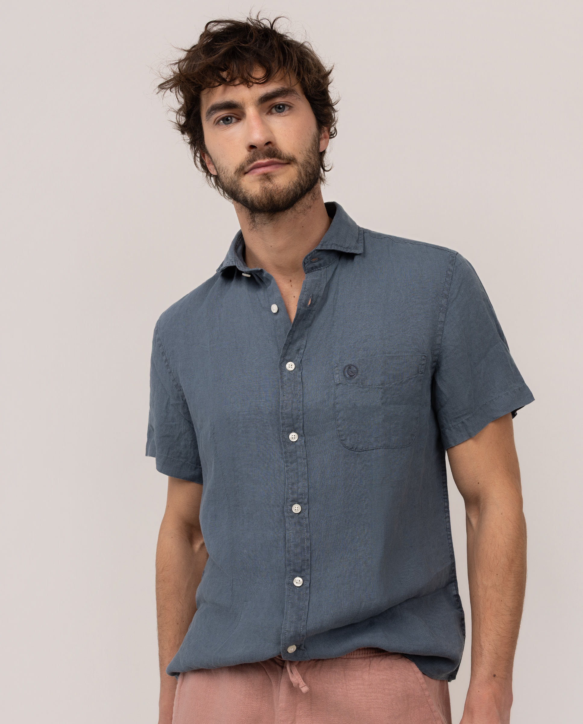 Navy Short Sleeve Linen Shirt