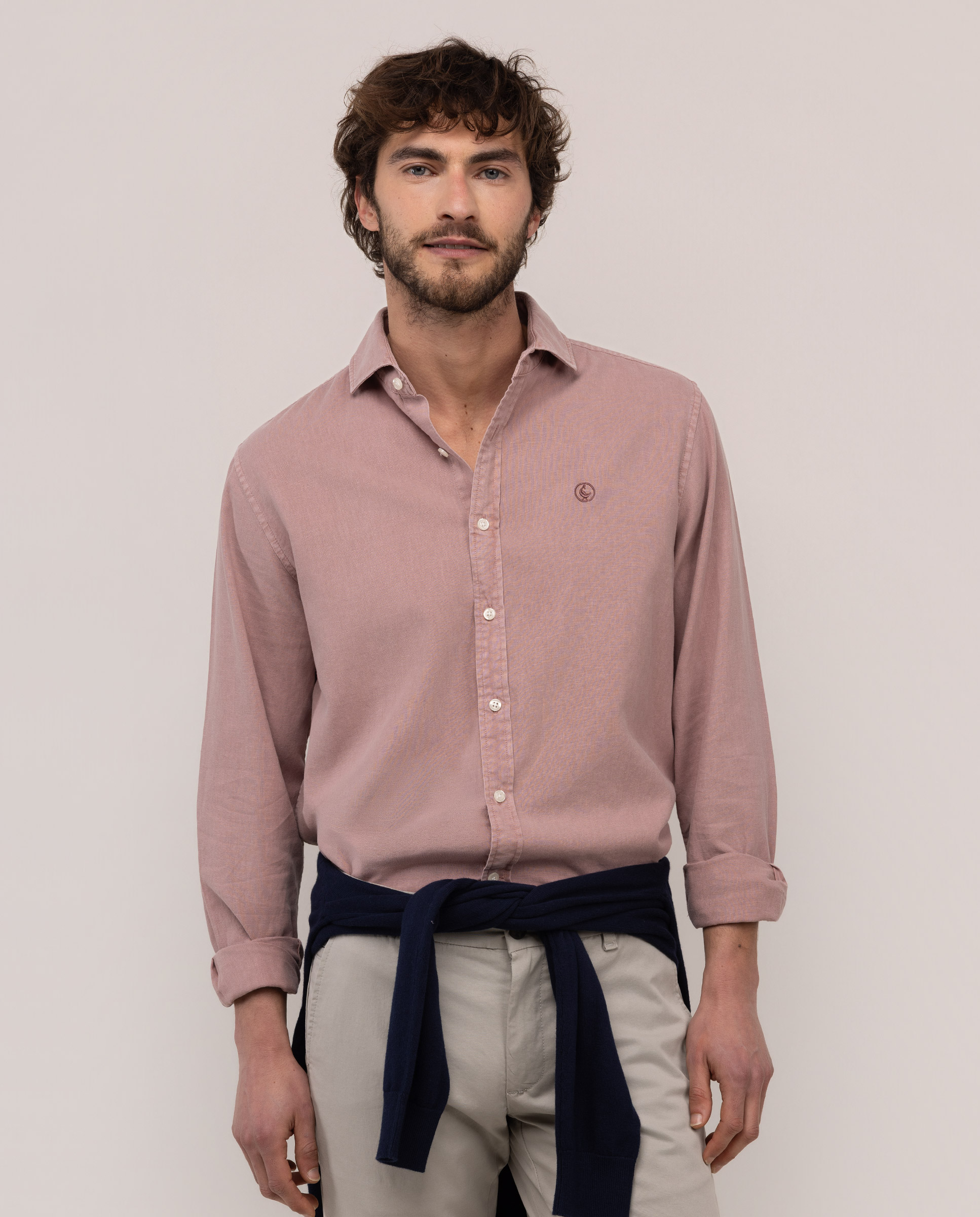 Camisa Cuello Italiano Algodón Lino Rosa