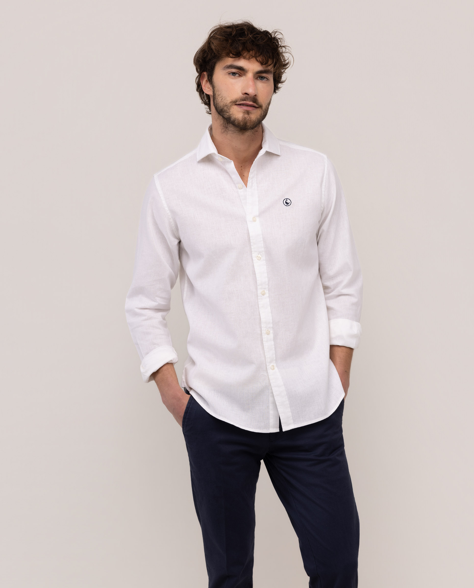 Camisa Cuello Italiano Algodón Lino Blanco