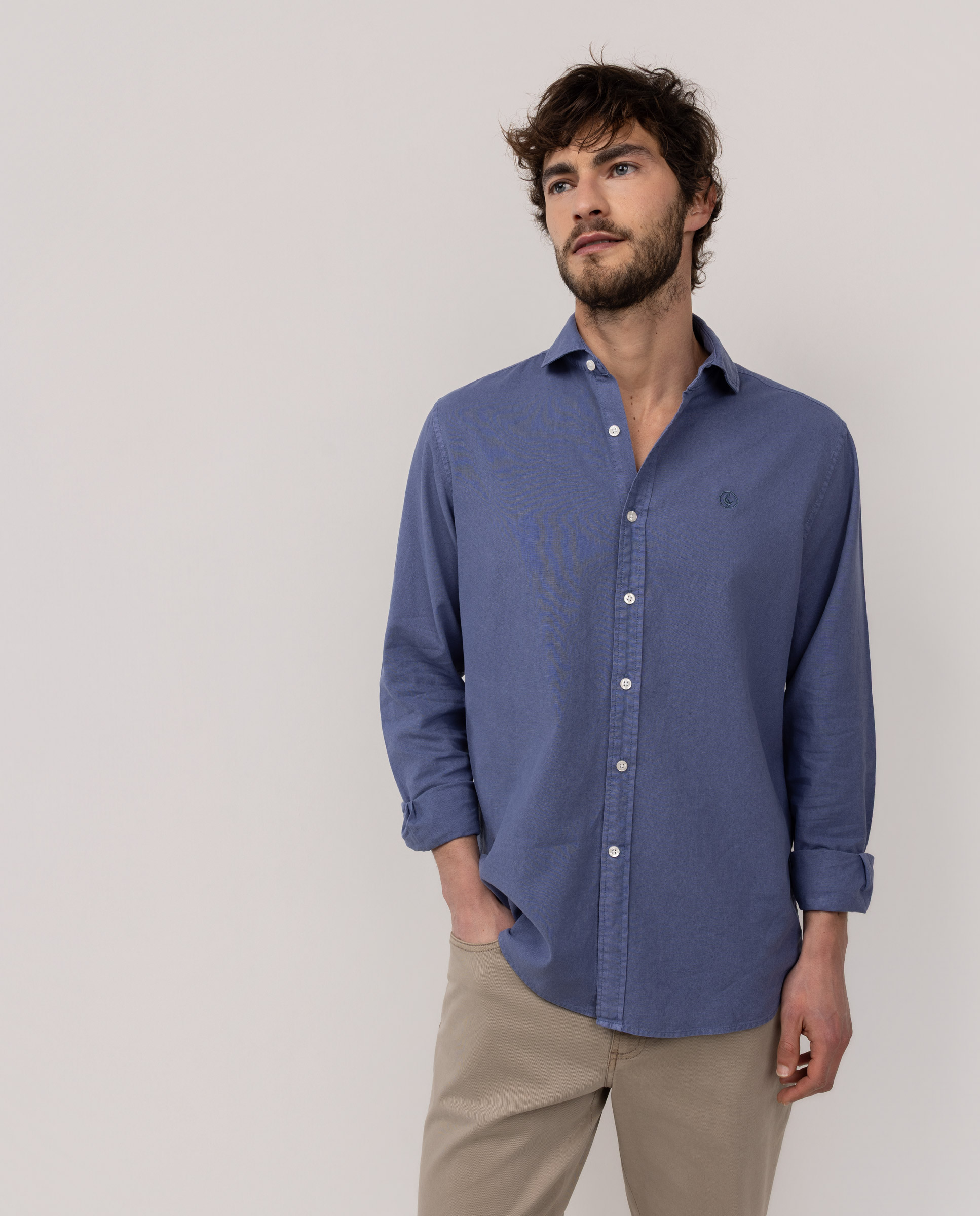 Camisa Cuello Italiano Algodón Lino Marino