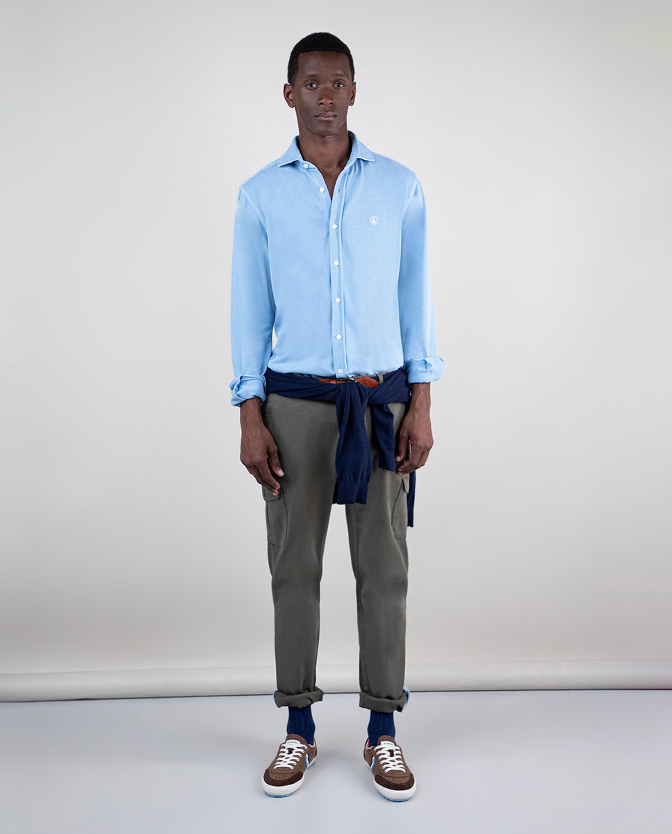 Textured Weave Light Blue Garment Dyed Shirt