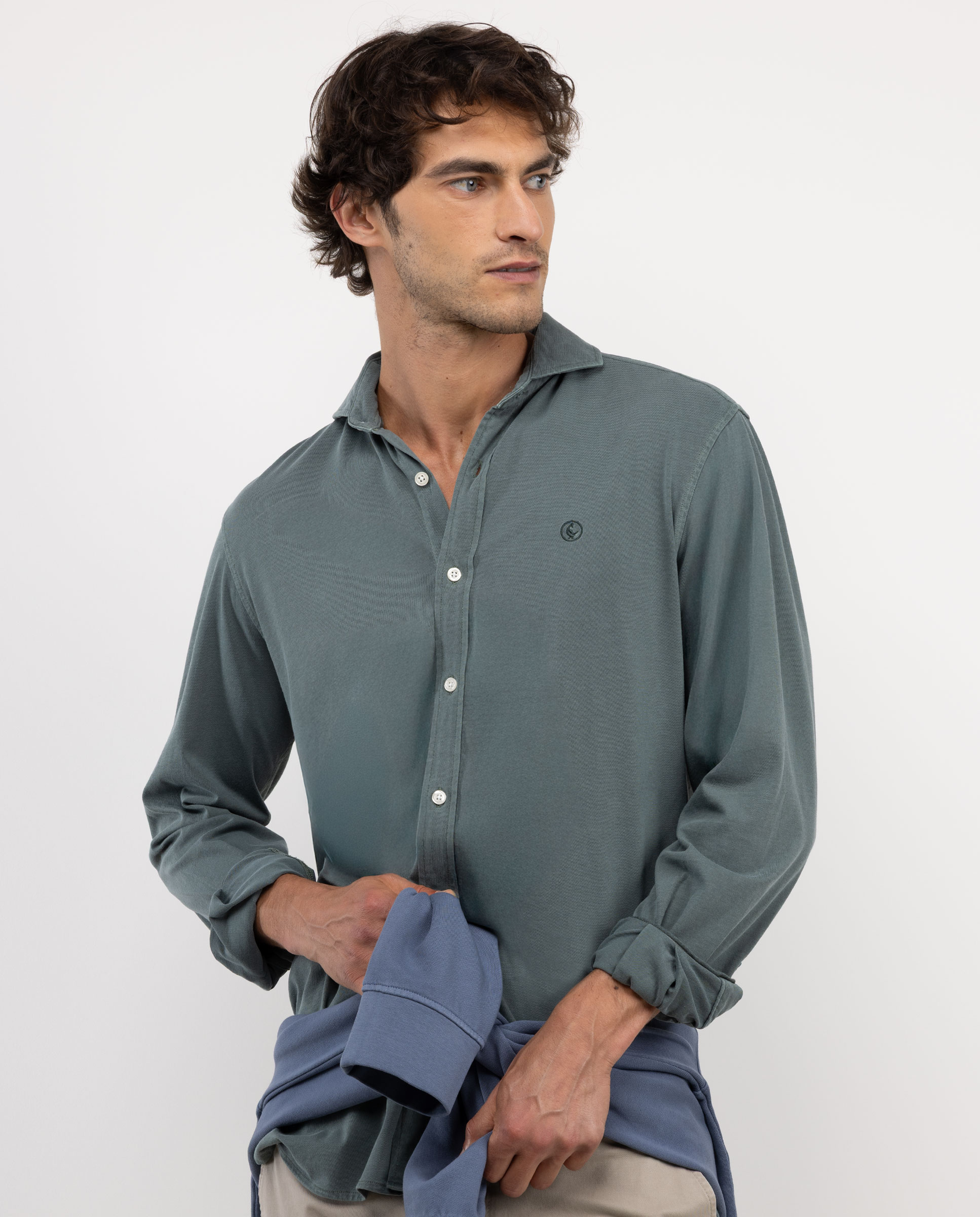 Camisa Punto Algodón Verde Oscuro