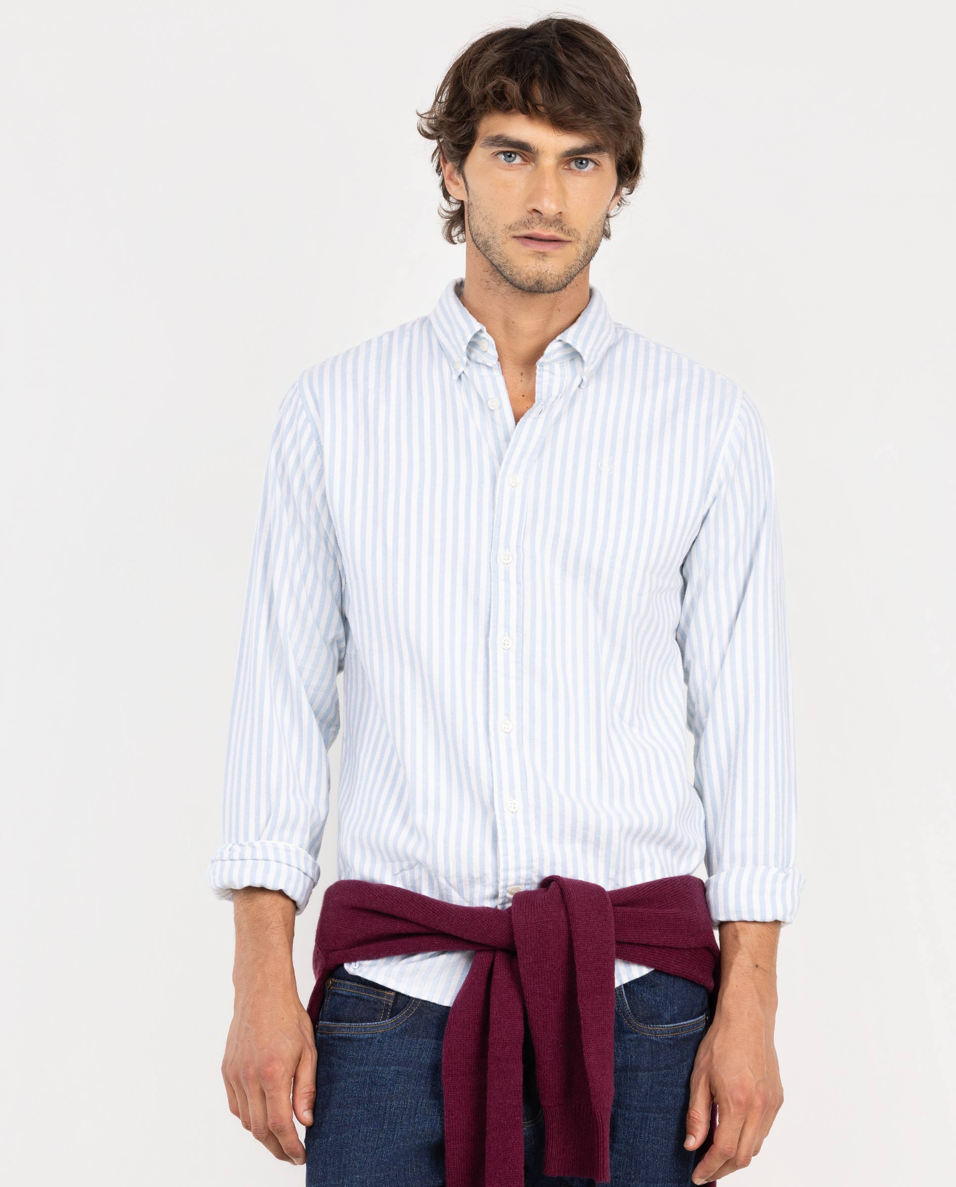 Cream Flannel Shirt W Light Blue Bengal Stripes