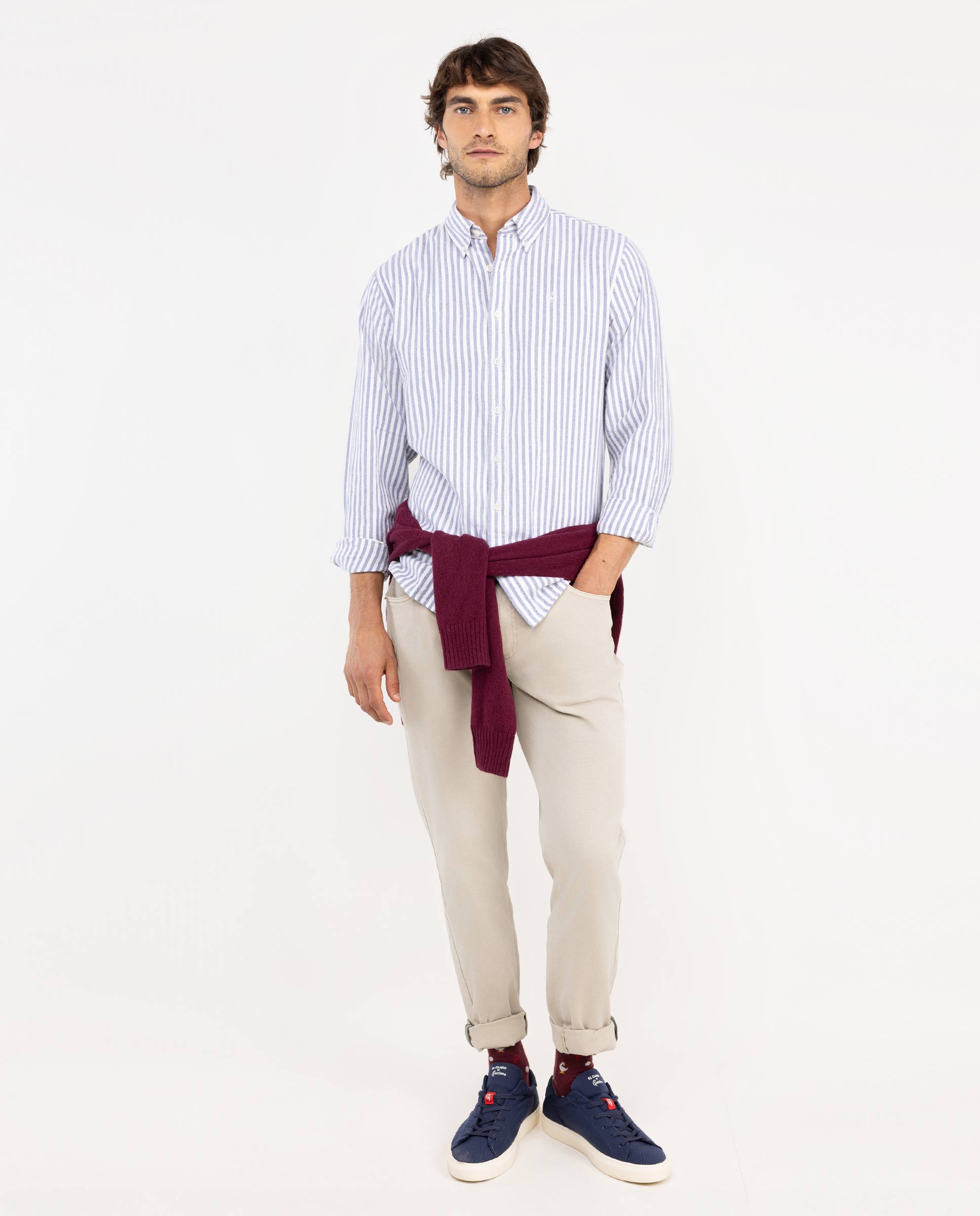 Cream Flannel Shirt W Navy Bengal Stripes